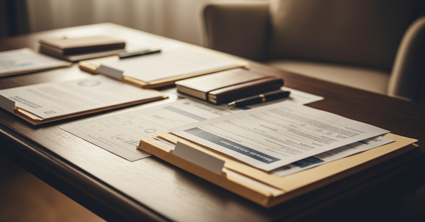 A calm, organized scene showing estate settlement documents and personal records laid out on a wooden desk surface. Include file folders, bank statements, insurance policy documents, and tax returns arranged neatly. Soft natural lighting from a window. Warm, gentle atmosphere. No people visible. Photorealistic style with muted, professional colors that convey trust and organization.