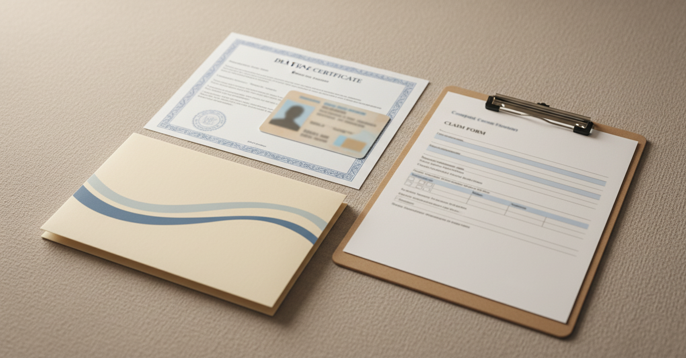 A clean, organized flat lay composition of essential documents needed for life insurance claims on a soft neutral surface. Include a certified death certificate with official seal, a government-issued photo ID card, an insurance policy folder, and a completed claim form on a clipboard. Warm, gentle lighting with a calming color palette of soft blues and warm neutrals. Professional but approachable style, viewed from above at a slight angle. No text or words visible on any documents.
