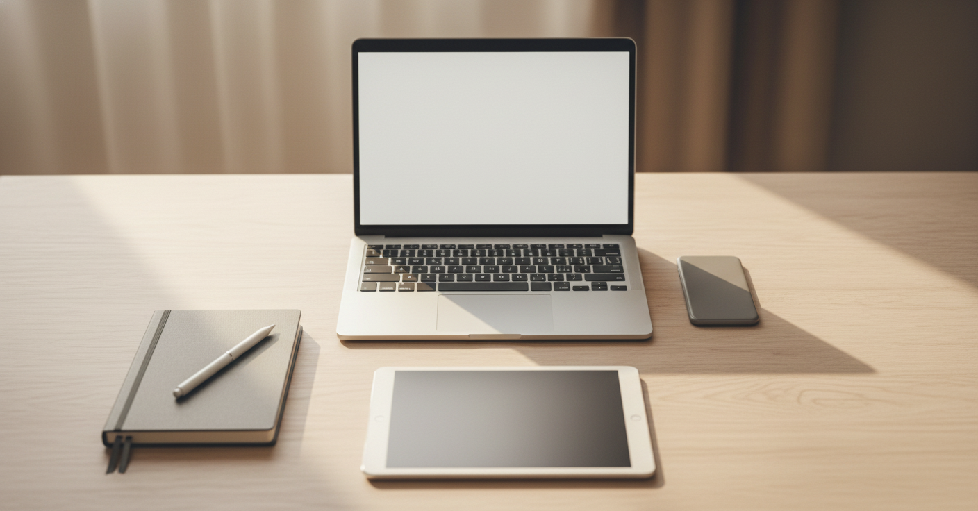 A calm, organized desk workspace viewed from above showing a laptop computer, smartphone, tablet, and notebook with pen arranged neatly on a clean wooden surface. Soft natural lighting from the side. Minimalist composition with muted colors - white, gray, warm wood tones. Professional but warm and approachable atmosphere. No text or letters visible anywhere in the image.
