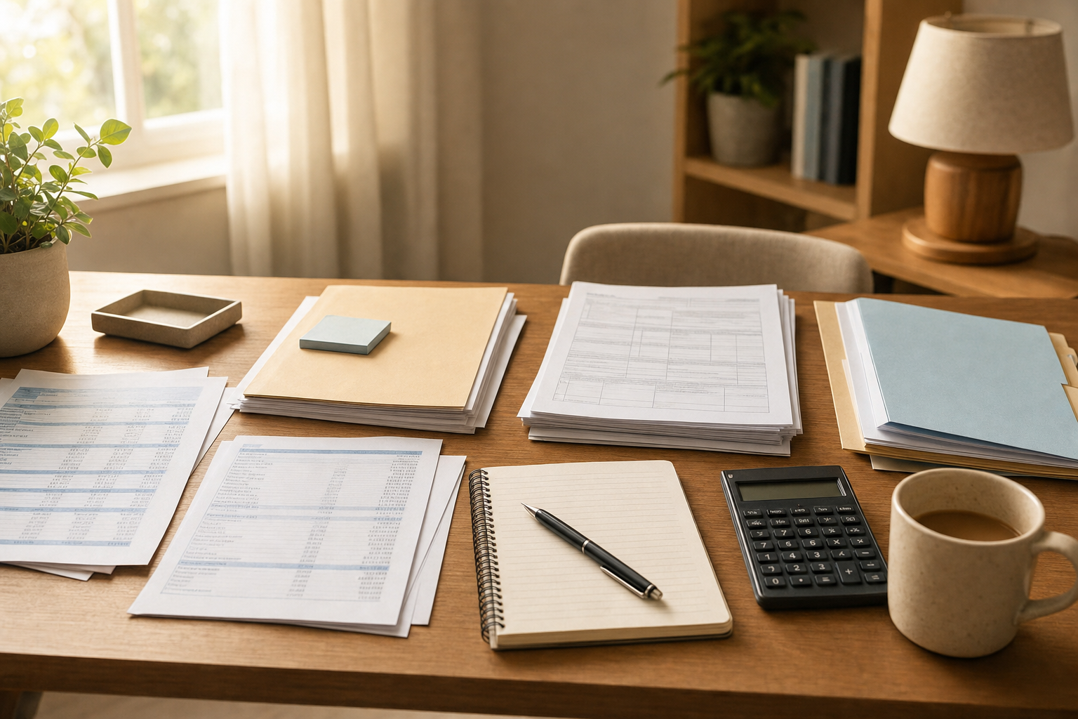A calm, organized desk scene showing financial documents being reviewed, including bank statements, tax forms, and folders spread out neatly on a wooden desk surface. Soft natural lighting from a window, warm and gentle atmosphere. The scene conveys careful organization and methodical review of financial paperwork, with a notebook for taking notes. Professional but approachable setting that feels supportive rather than overwhelming.