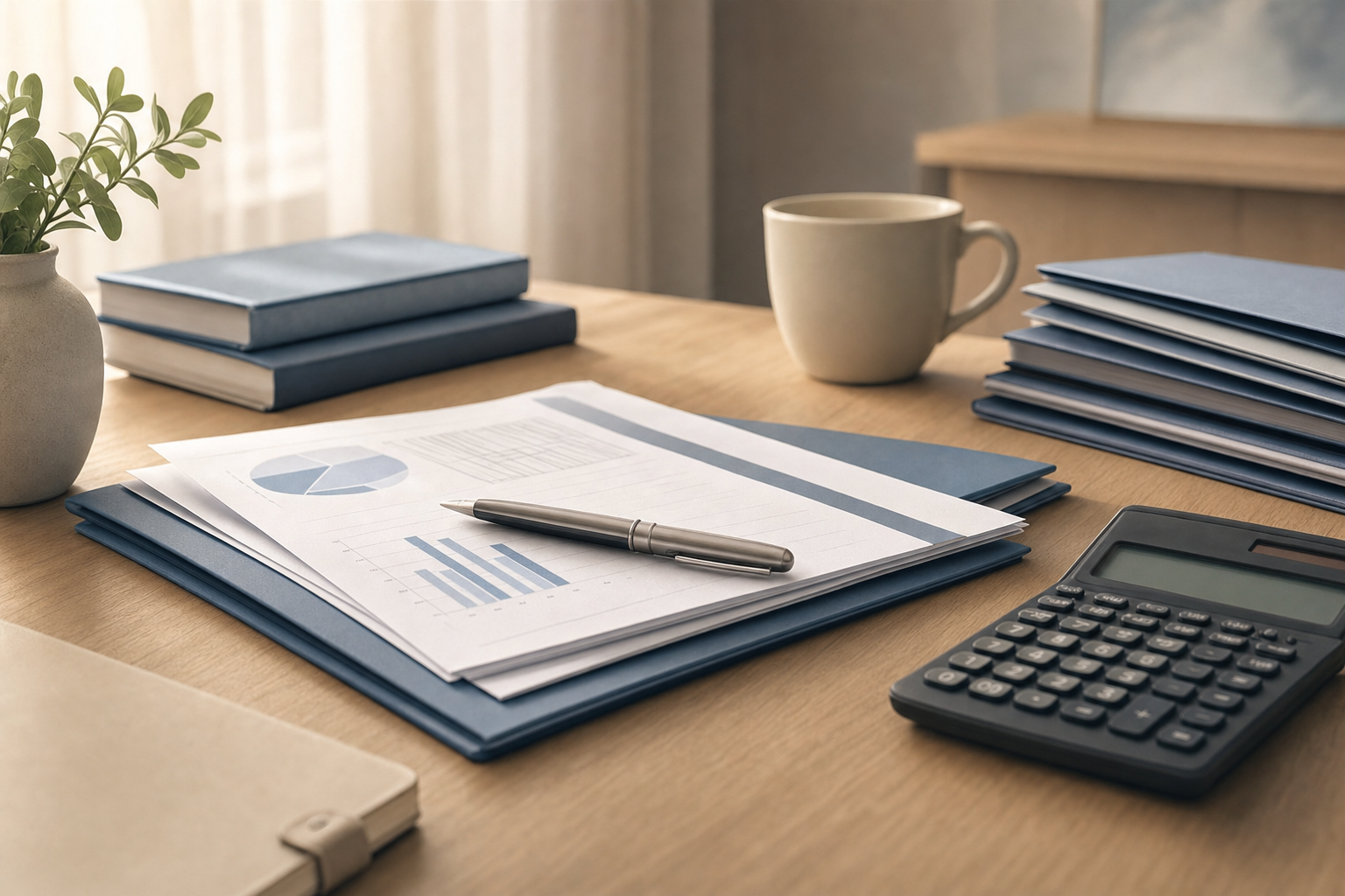 A clean, professional scene showing financial documents and planning materials on a wooden desk, with warm natural lighting. Include a calculator, organized folders, and a pen resting on papers. The composition should feel calm and reassuring, using soft blues and warm neutral tones. The atmosphere should convey careful organization and professional guidance without feeling overwhelming. Modern, minimalist style with a reassuring, helpful mood.