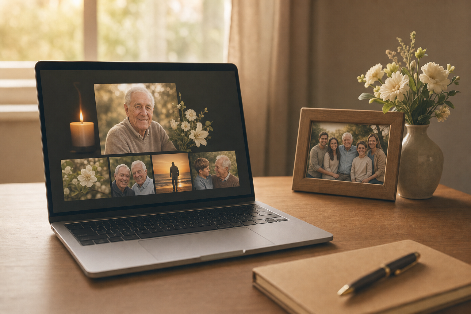 A warm, peaceful scene showing a laptop computer displaying a memorial webpage with photos and messages, sitting on a home desk next to a framed family photograph and a small vase with fresh flowers. Soft natural window light creates a gentle, contemplative atmosphere. The scene conveys modern, personal ways to honor and remember loved ones online. Warm wood tones and muted colors create a comforting setting. No text or words visible on any screens or surfaces.