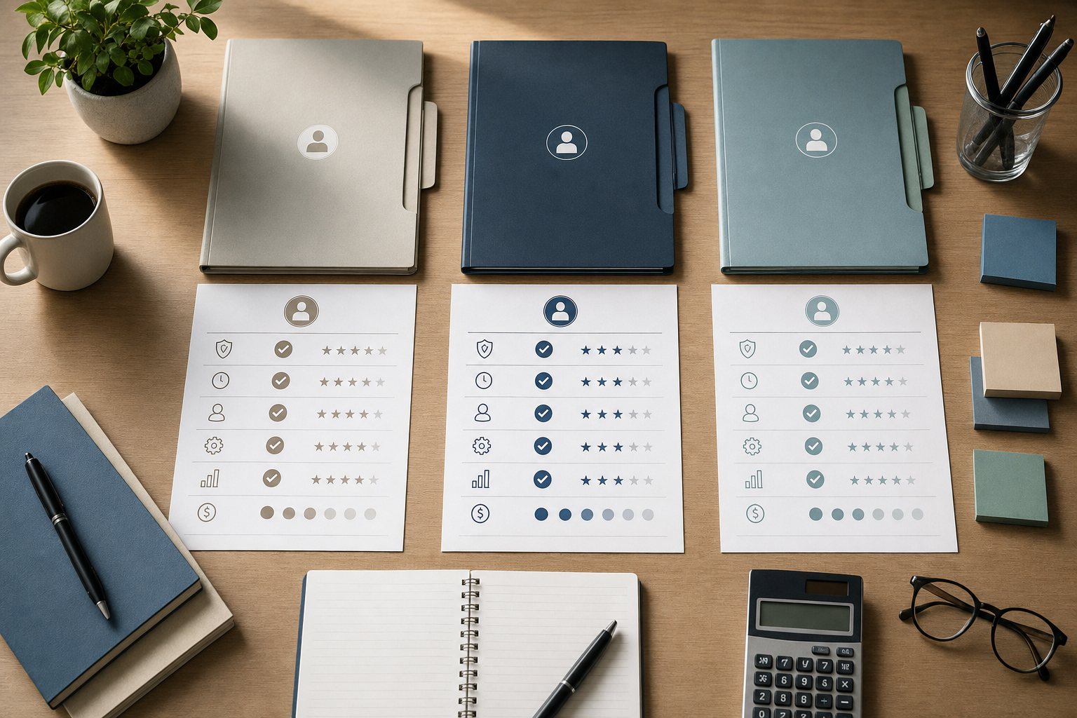A clean, organized comparison concept showing multiple service options being evaluated side by side. Visualize this through a professional workspace with organized folders, comparison charts, and evaluation criteria laid out on a modern desk. Include elements like checkmarks, rating indicators, and organized documentation that suggest careful analysis and decision-making. Soft natural lighting, professional photography style, muted blues and grays with warm wood tones. Overhead angle, shallow depth of field. The scene should feel methodical, clear, and helpful without being clinical.