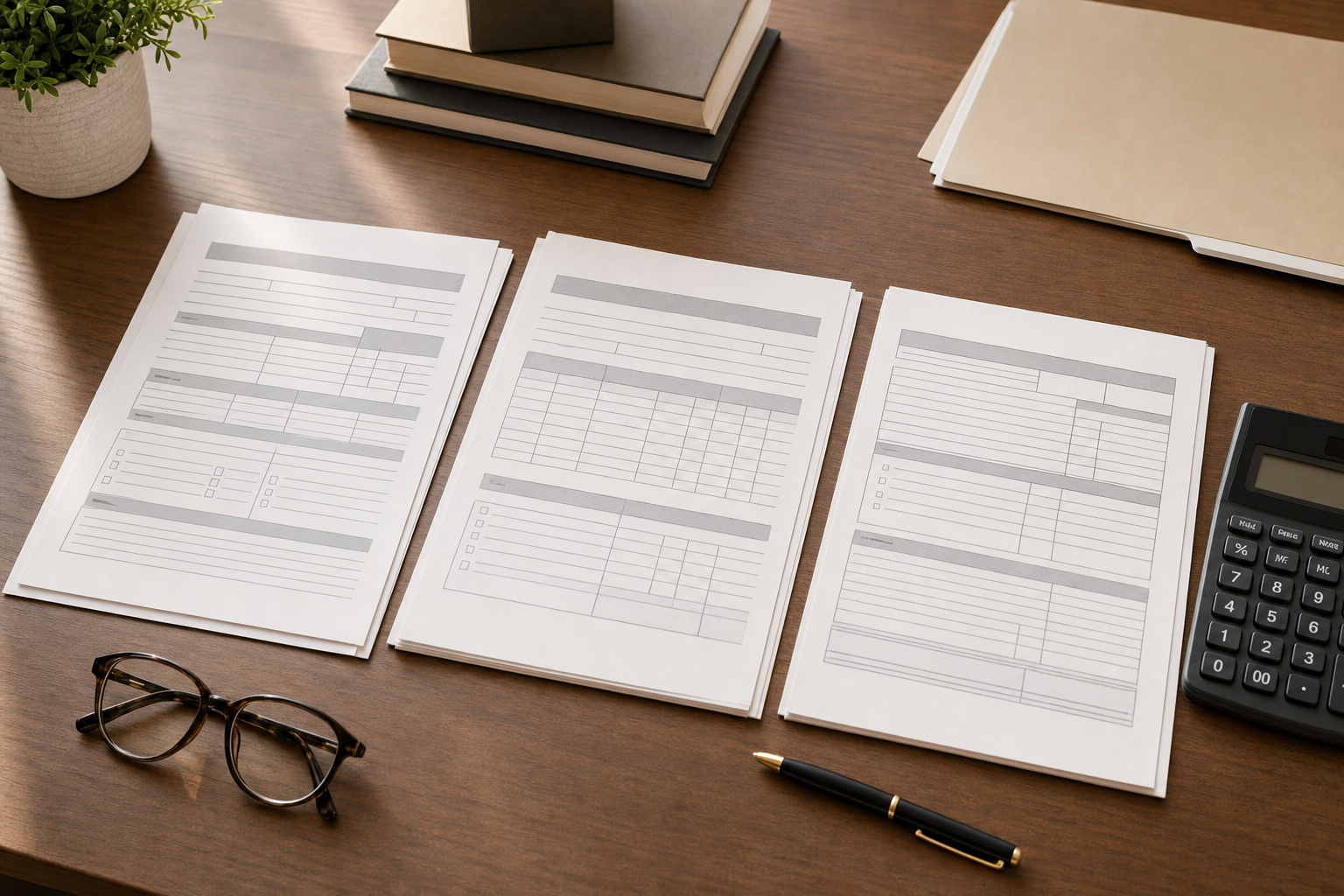 A clean, organized desktop workspace showing estate tax documents and forms laid out systematically. Include representations of IRS Form 1040, Form 1041, and Form 706 arranged on a wooden desk surface with a calculator, reading glasses, and a pen. Soft natural lighting from the side creates a professional, calm atmosphere. The scene should feel organized and manageable, not chaotic. Muted, professional color palette with warm wood tones and cream-colored papers. Photography style, shallow depth of field, overhead angle.