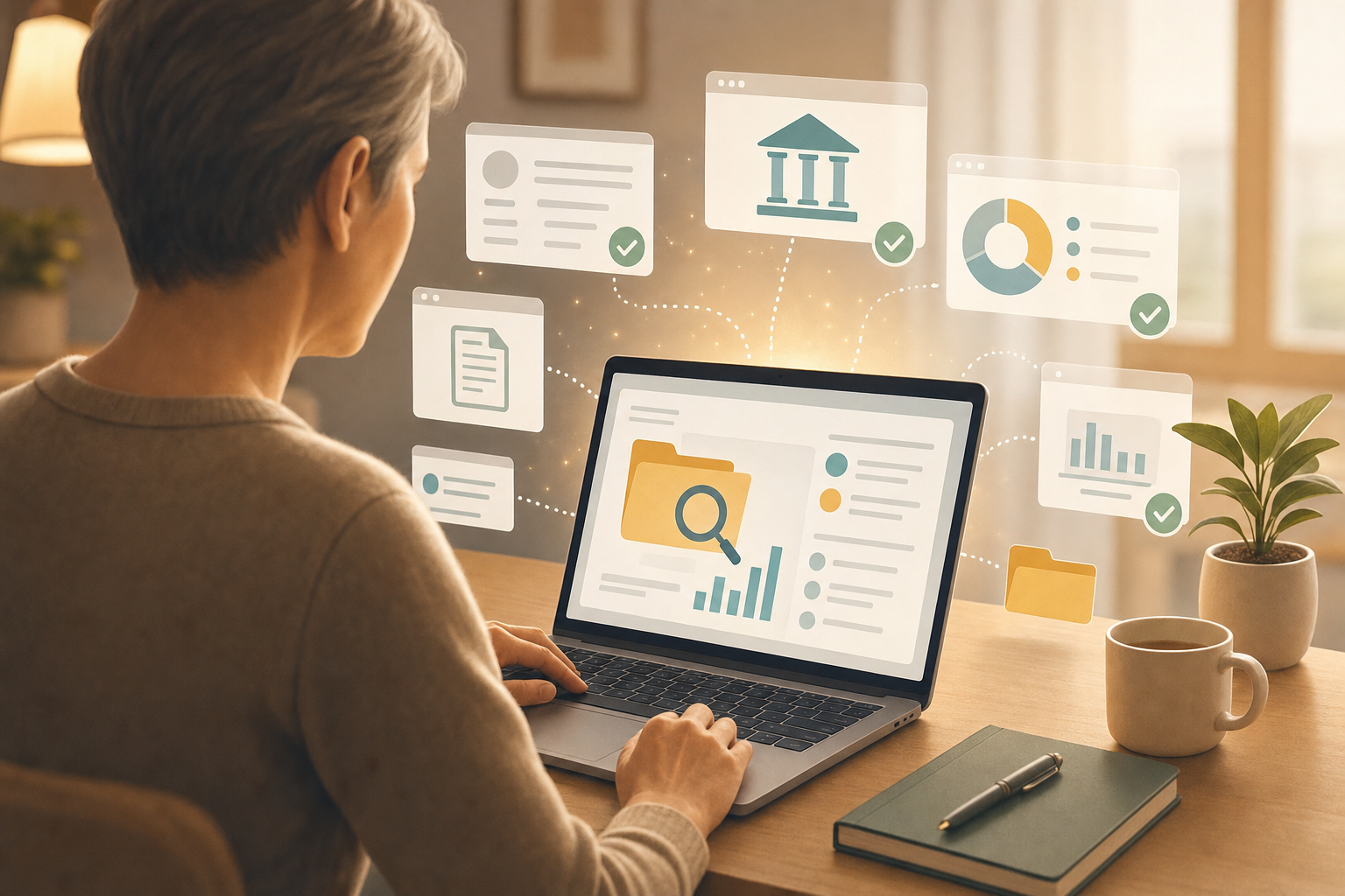 A calm, warm illustration of a person sitting at a laptop computer searching through digital records and databases, with abstract visual elements representing search results and financial accounts appearing on the screen. Soft, gentle colors. The scene should feel hopeful and organized, showing the process of discovering information. Modern, clean illustration style with a reassuring atmosphere.