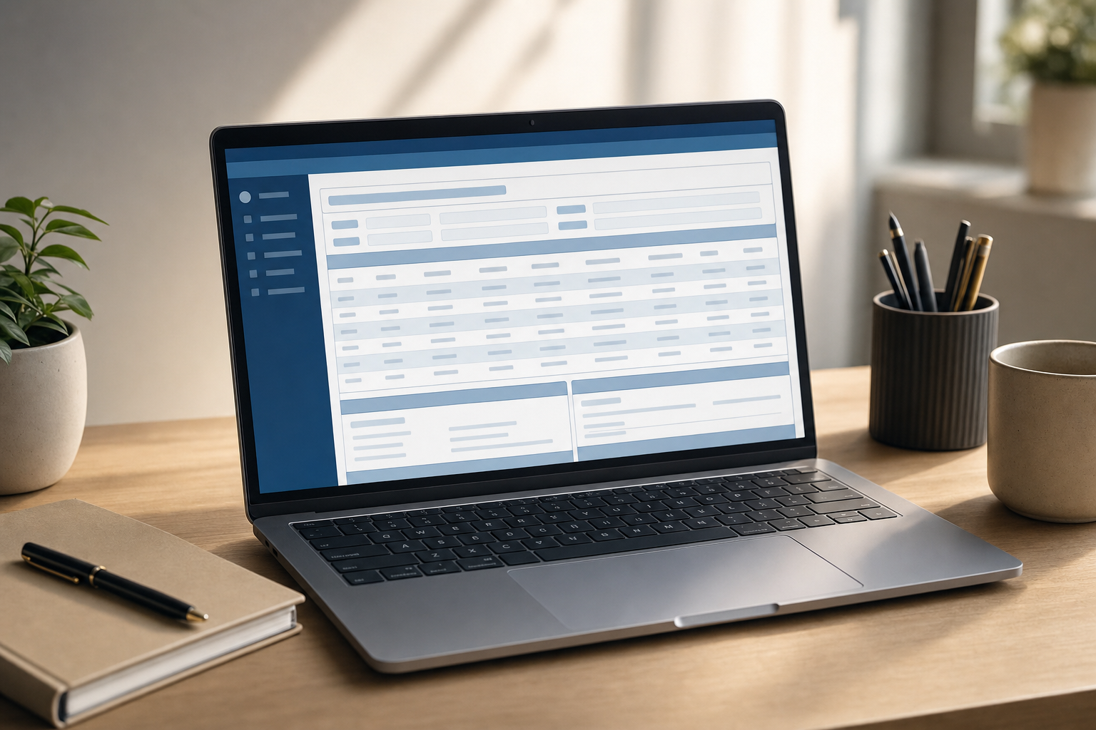 A calm, professional scene showing a laptop computer displaying a government database search interface with search results and data tables visible on screen. The laptop sits on a clean desk in soft natural lighting. View shows the screen clearly with generic database UI elements like search bars, tables, and navigation buttons. Warm, reassuring atmosphere, photorealistic style, muted professional colors. No text or words visible on screen.