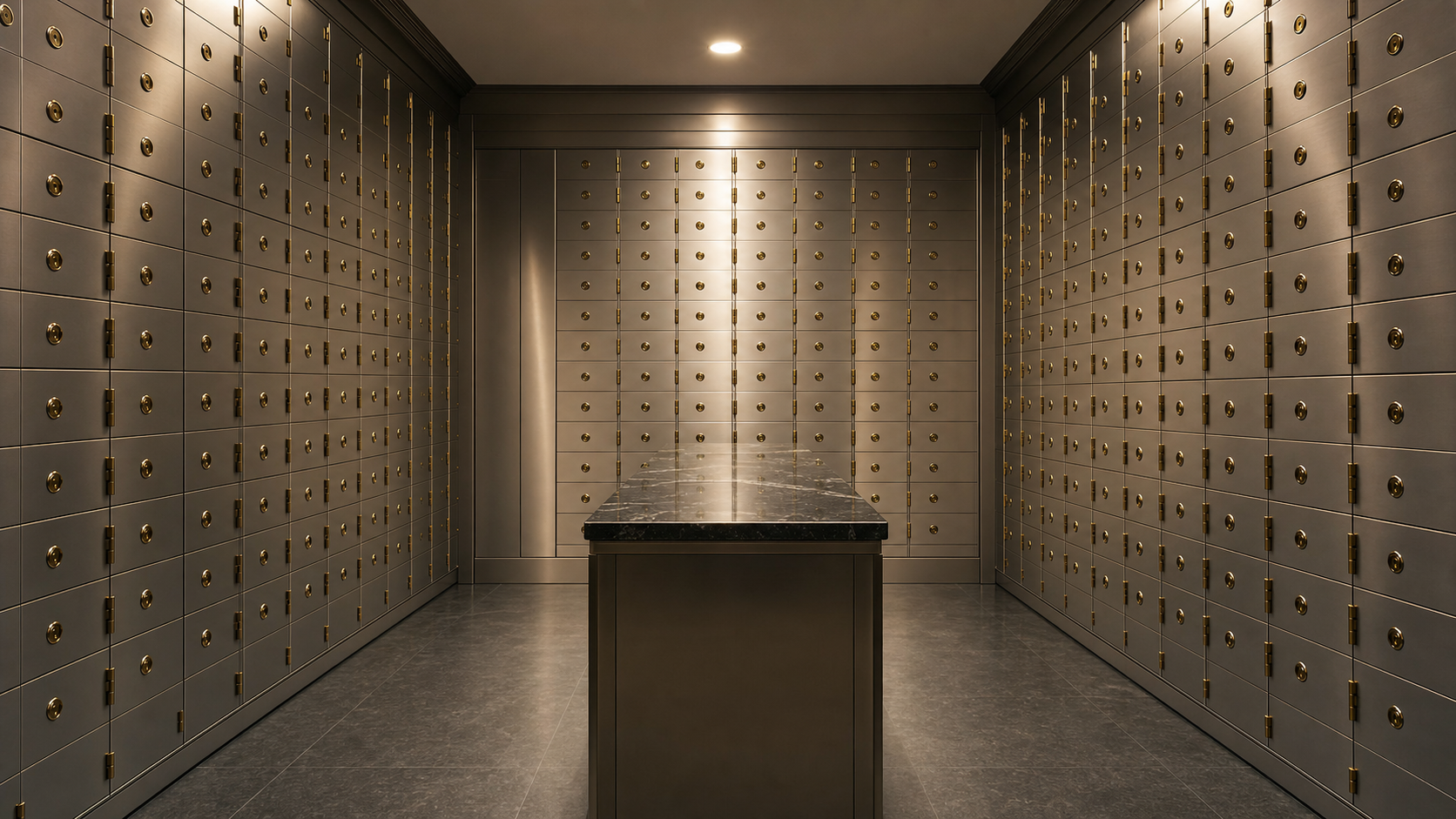 A secure bank vault interior with a wall of safe deposit boxes in brushed metal, soft professional lighting, some boxes with small numbered plates visible, calm and organized atmosphere, professional banking environment, photorealistic style
