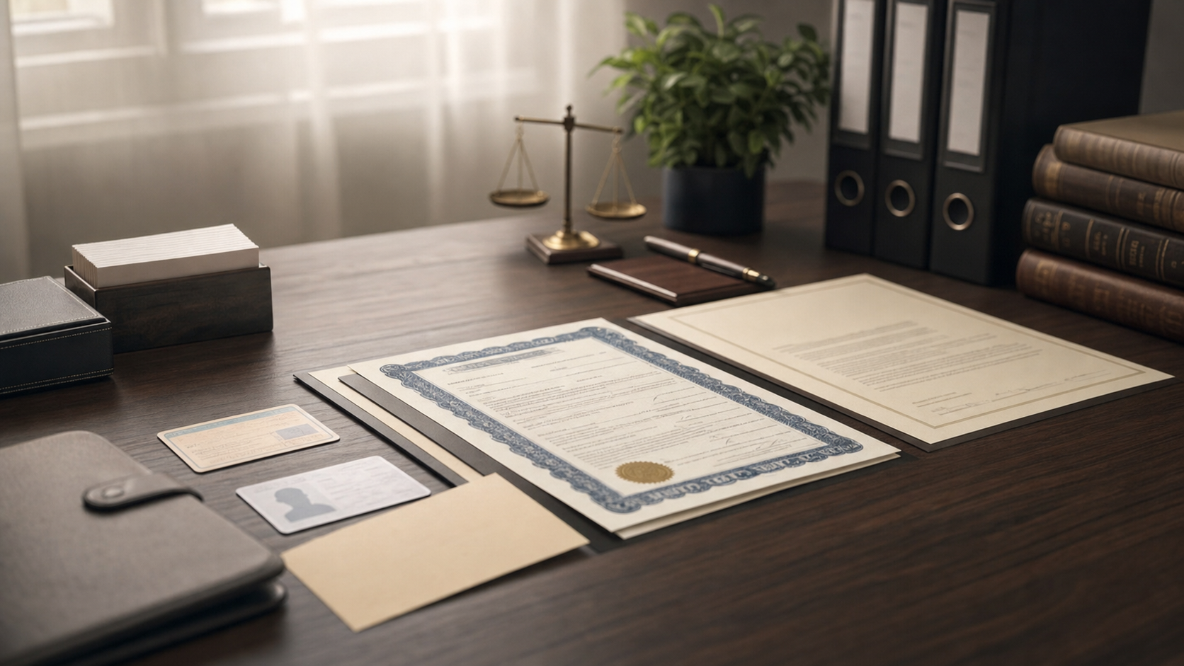 Professional desk scene with organized legal documents including death certificate, court letters, and identification laid out neatly on a dark wood surface, soft natural lighting from window, clean business environment, photorealistic style, no people visible, documents should appear official but no readable text