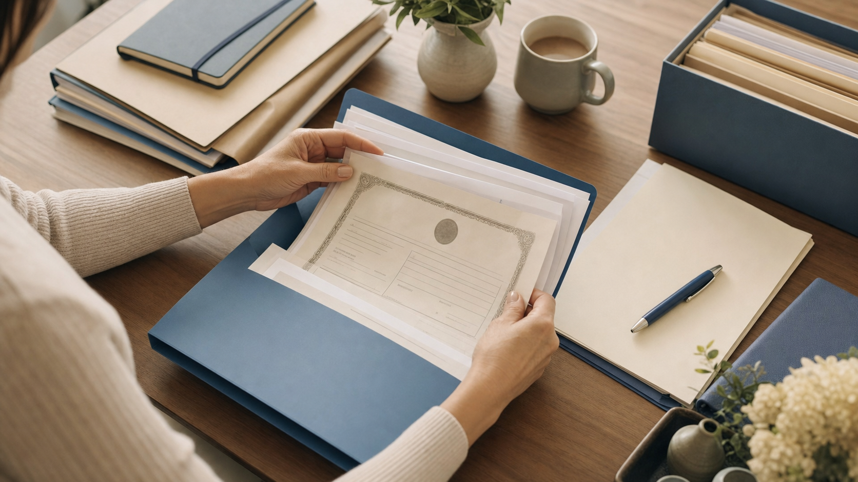 A calm, organized desk scene showing hands sorting through official documents and folders, with a death certificate visible among neatly arranged papers. Soft natural lighting, professional yet warm atmosphere, viewed from above at a slight angle. Muted, reassuring color palette with blues and warm neutrals.