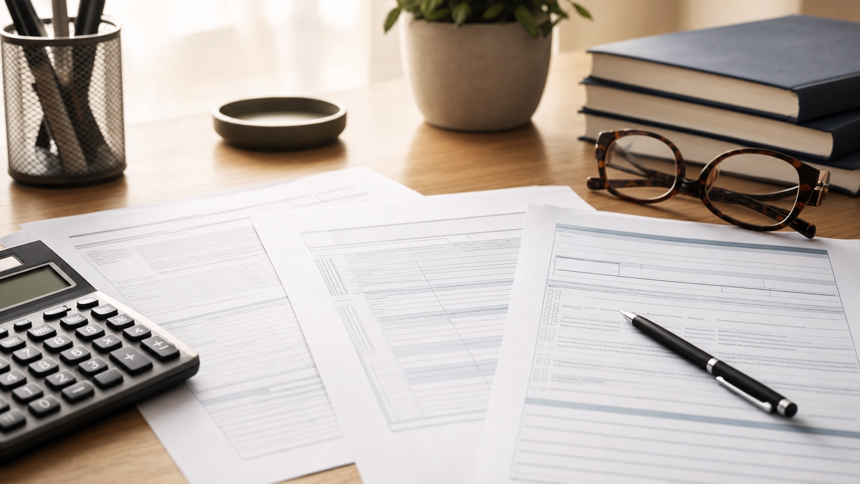 A clean, organized desk scene showing estate tax documents and forms: IRS Form 1040, Form 1041, and Form 706 spread out neatly with a calculator, reading glasses, and a pen. Professional estate planning atmosphere, soft natural lighting, neutral professional color palette, shallow depth of field, calm organized aesthetic. No text visible on forms, just document layouts and form structures.