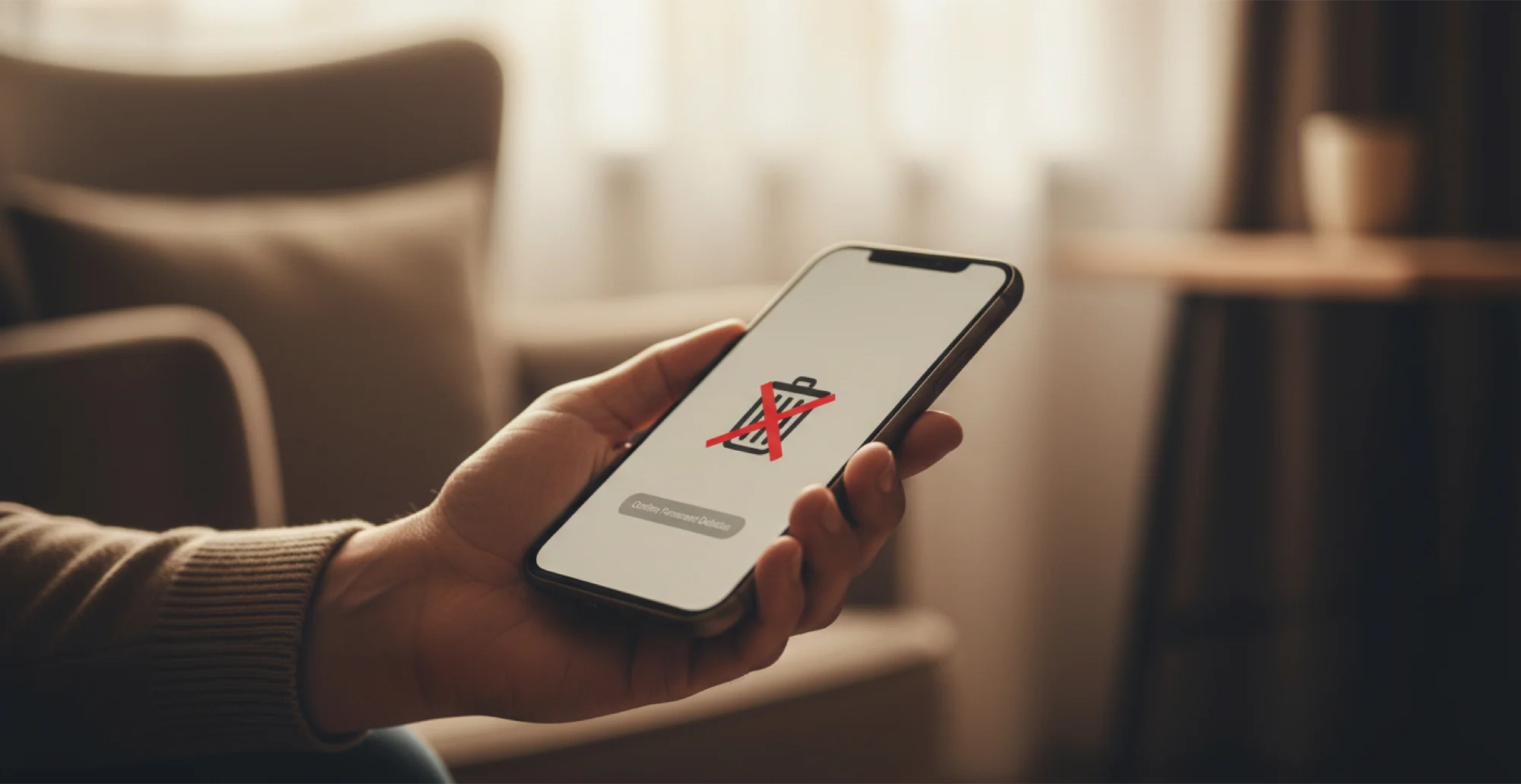 Hand holding a phone whose screen shows a trash can icon crossed out in red, in a dim living room
