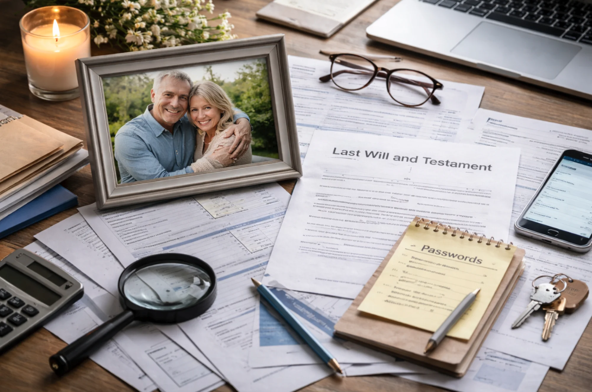 Desk with a Last Will and Testament, a passwords notebook, keys, a magnifying glass and a framed couple's photo