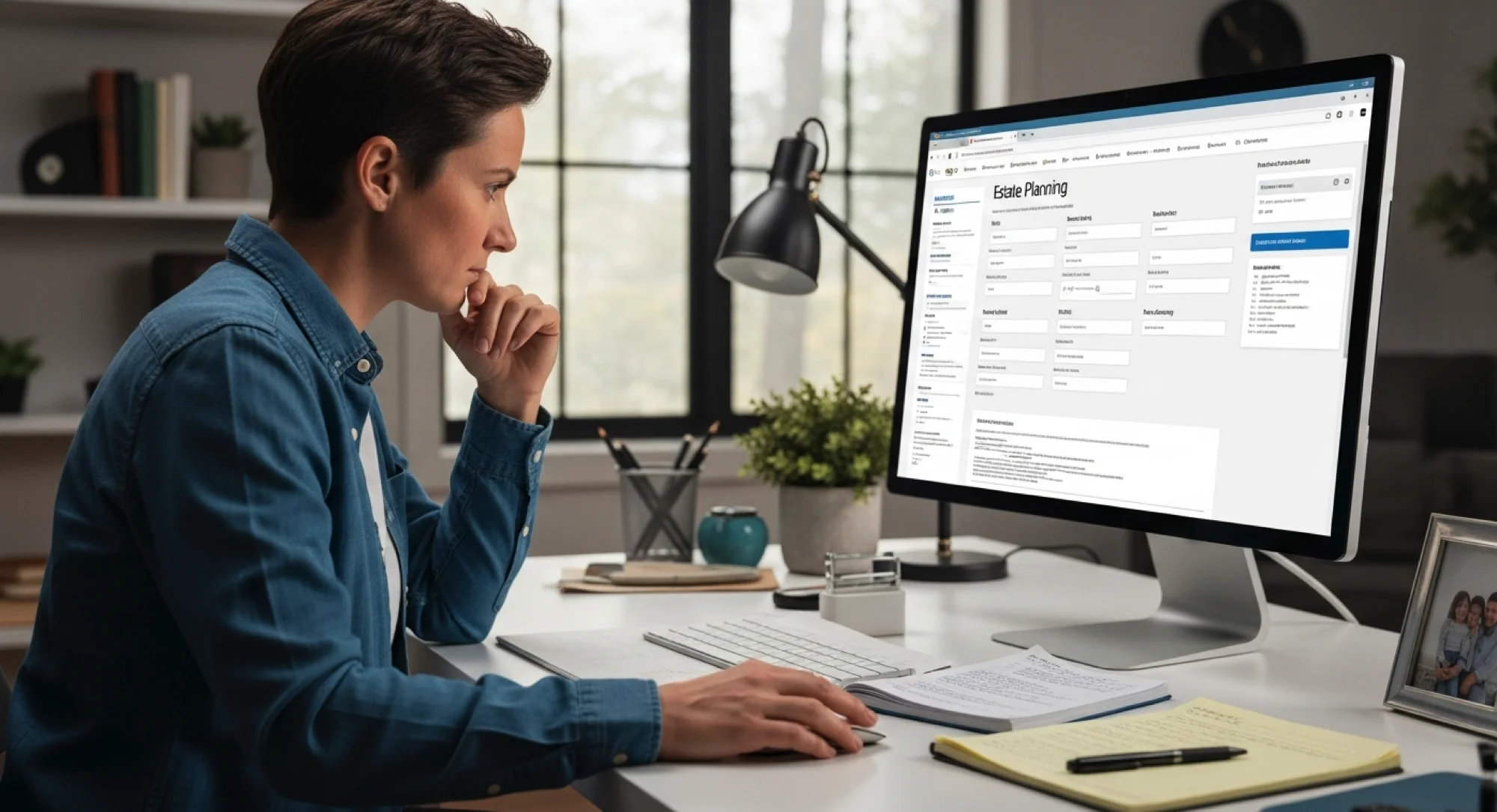 Woman with her hand on her chin reading an estate planning web page on a desktop monitor