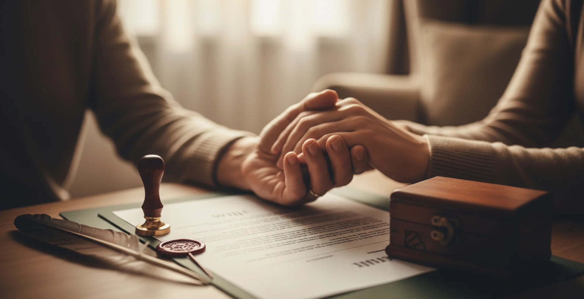 Two people holding hands over a desk with a document, a wax seal and a stamp