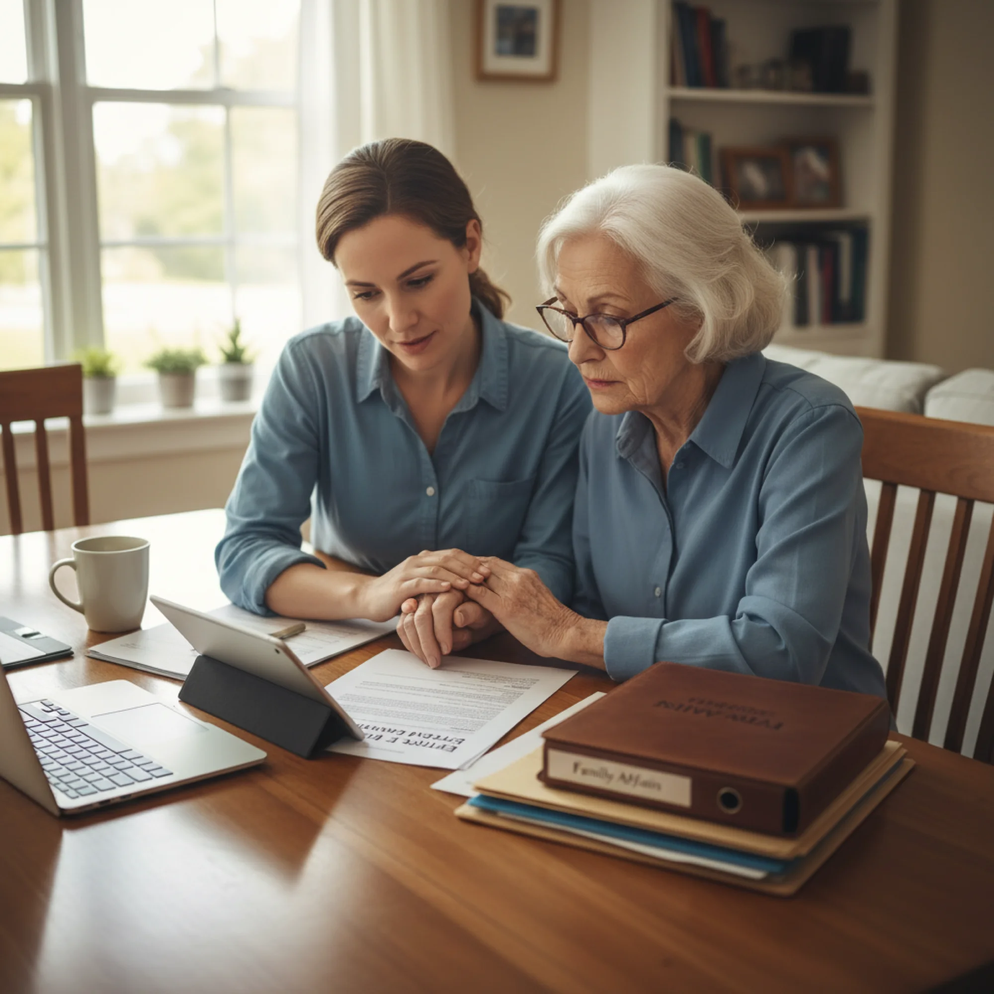 A young woman and an older woman sit at a wooden table, reviewing documents on a tablet and paper. They wear matching blue shirts and display a supportive, focused demeanor. A laptop, coffee mug, and "Family Affairs" binder are visible, suggesting a serious discussion. Bright natural light fills the room, creating a warm, attentive atmosphere.