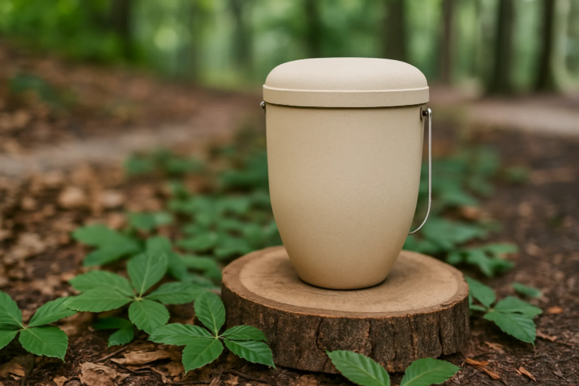 A white container on a stump surrounded by trees in a serene forest setting.