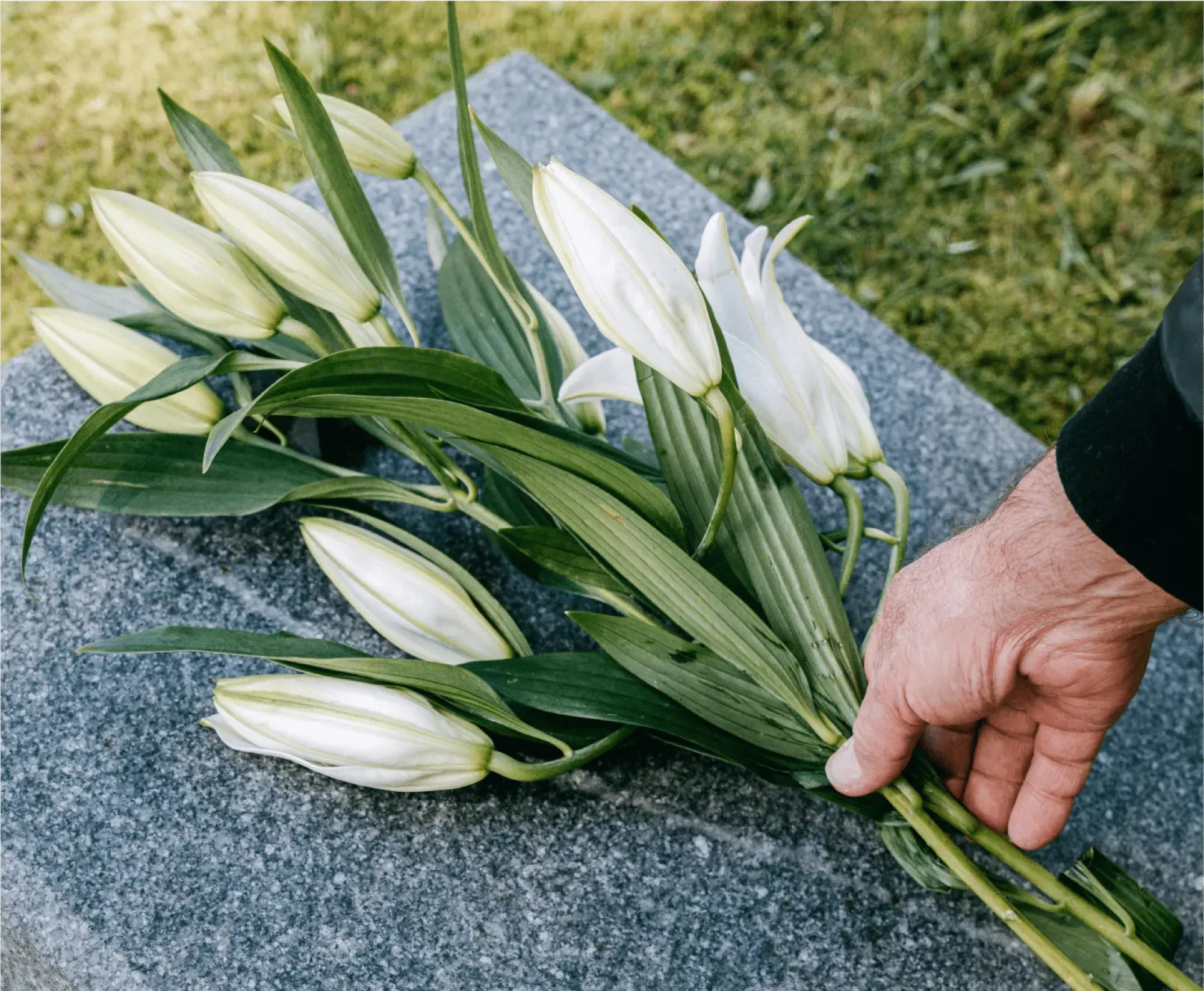 A person gently placing flowers on a grave, honoring a loved one with a heartfelt tribute.