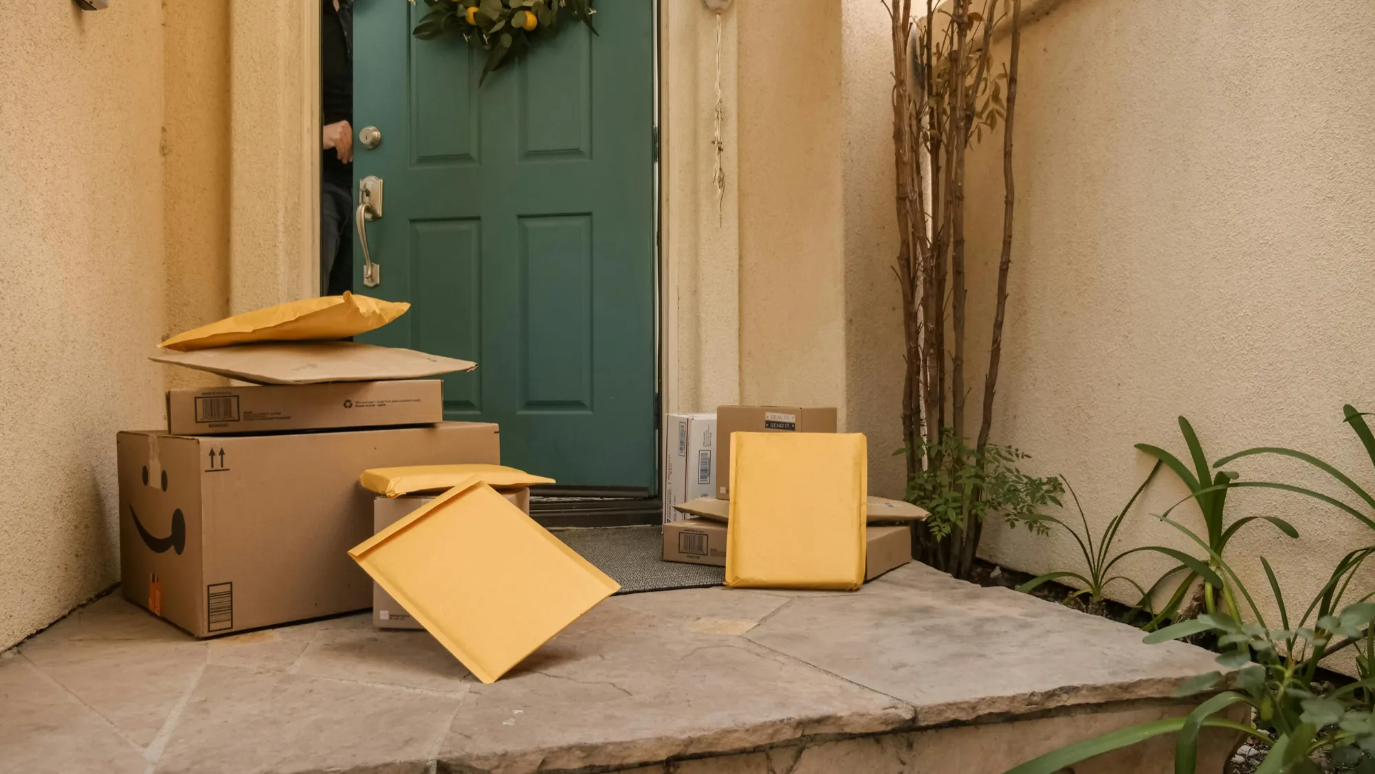 Packages and envelopes clutter a doorstep near a green door. A person begins to open the door, and nearby, a sparse garden adds a touch of greenery.