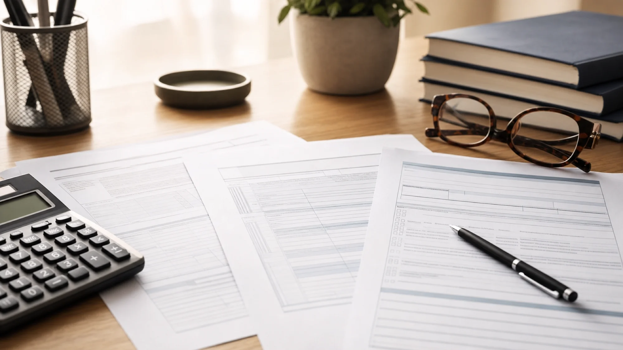 A clean, organized desk scene showing estate tax documents and forms: IRS Form 1040, Form 1041, and Form 706 spread out neatly with a calculator, reading glasses, and a pen. Professional estate planning atmosphere, soft natural lighting, neutral professional color palette, shallow depth of field, calm organized aesthetic. No text visible on forms, just document layouts and form structures.