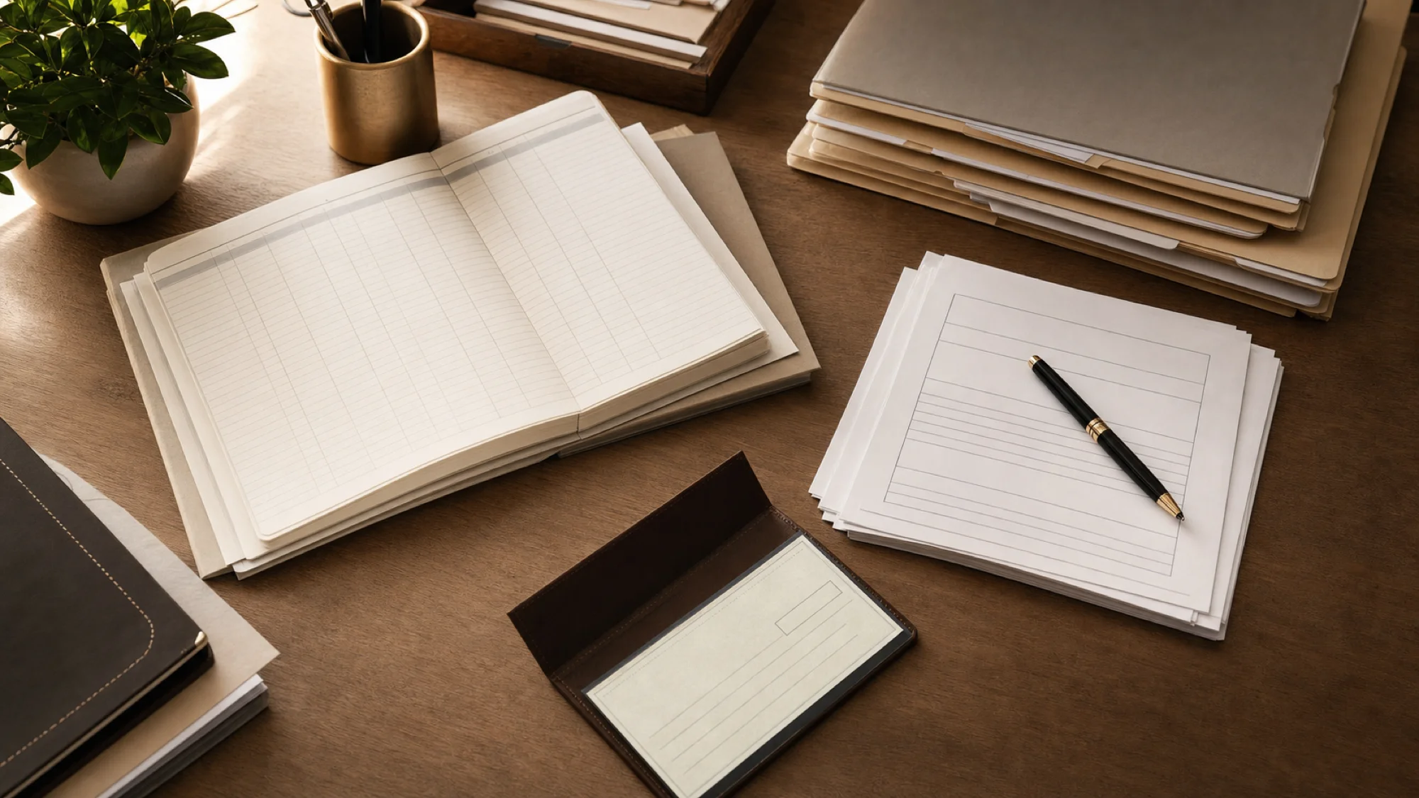 A clean professional desk scene showing estate settlement documents including a final accounting ledger and probate court forms, with a checkbook for estate payments, organized file folders, soft natural lighting from a window, calm and orderly atmosphere, photorealistic style, overhead angle view