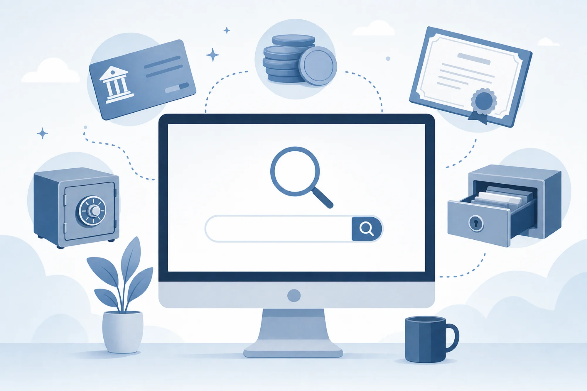 A clean, professional illustration showing a computer screen displaying a search interface for unclaimed property, with abstract representations of dormant financial assets like bank accounts, stock certificates, and safe deposit boxes floating around the screen. Use a calm color palette of blues and grays. The style should be modern, flat illustration with a sense of discovery and organization. No text or words should appear in the image.