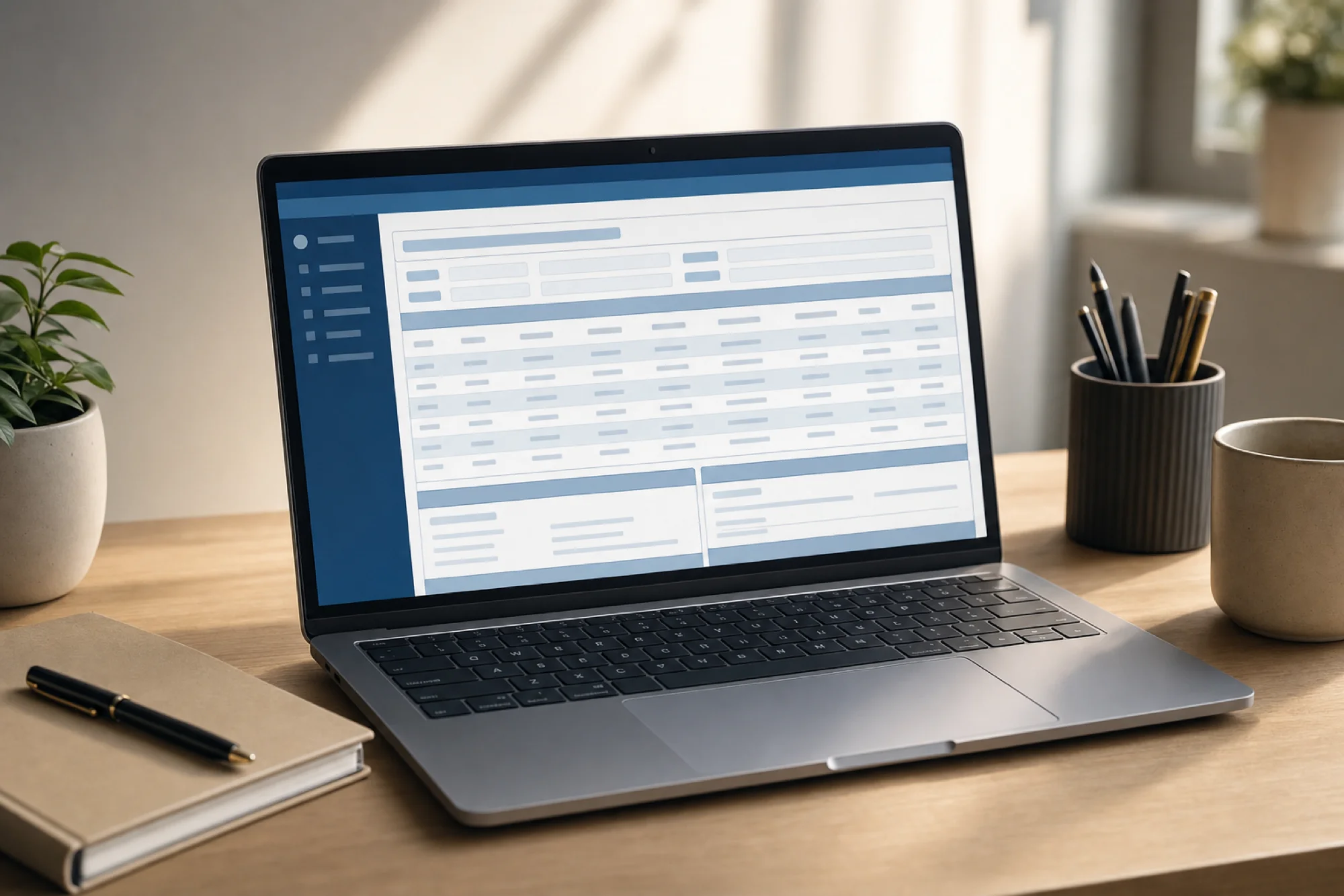 A calm, professional scene showing a laptop computer displaying a government database search interface with search results and data tables visible on screen. The laptop sits on a clean desk in soft natural lighting. View shows the screen clearly with generic database UI elements like search bars, tables, and navigation buttons. Warm, reassuring atmosphere, photorealistic style, muted professional colors. No text or words visible on screen.