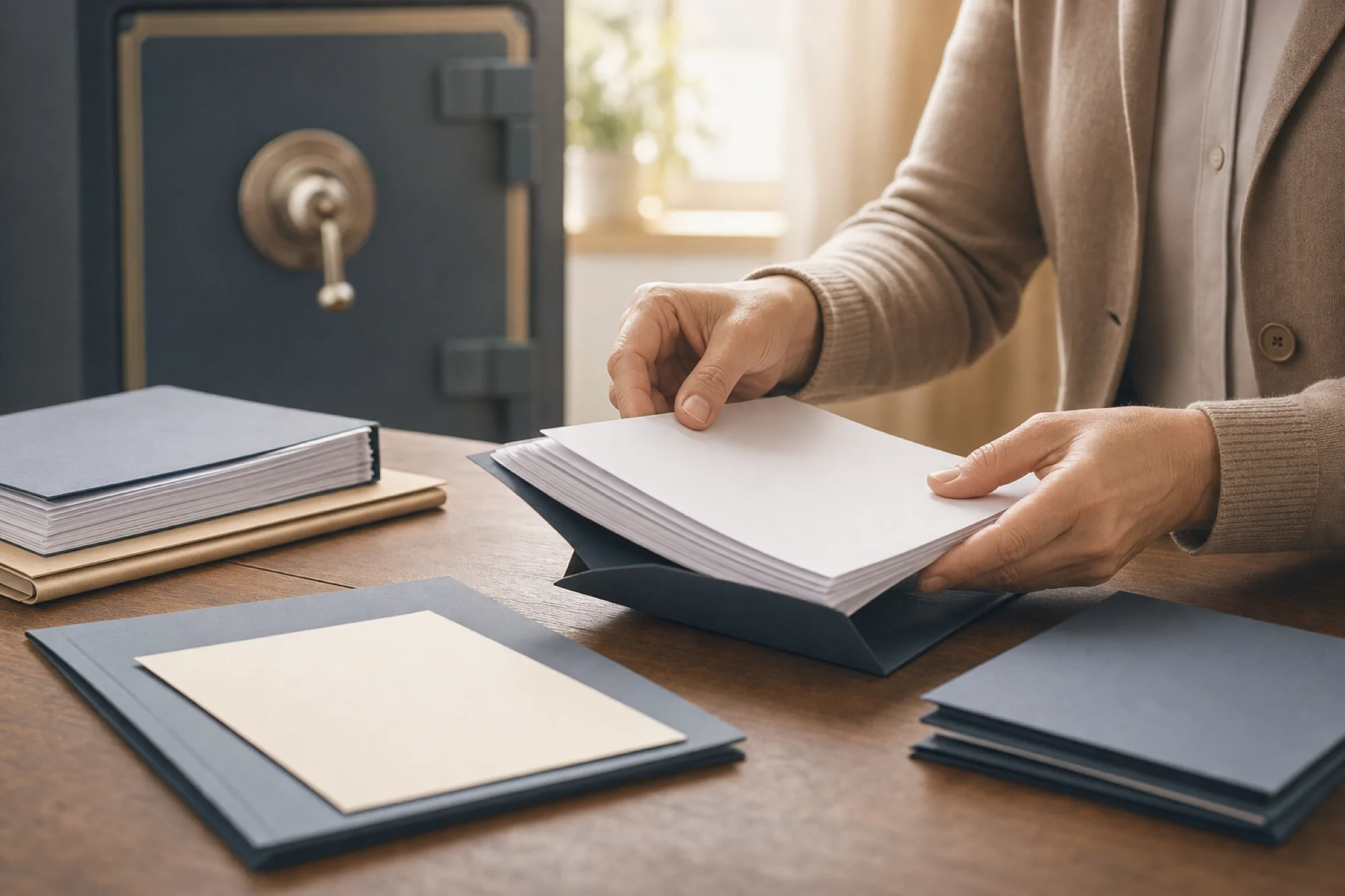 Professional hands carefully organizing important estate documents on a wooden desk, with a secure safe or lockbox visible in the background. Warm natural lighting. Calm, trustworthy atmosphere showing careful stewardship and responsibility. Documents should be neat stacks without any visible text or letters. Soft focus, calming blue and warm brown tones.