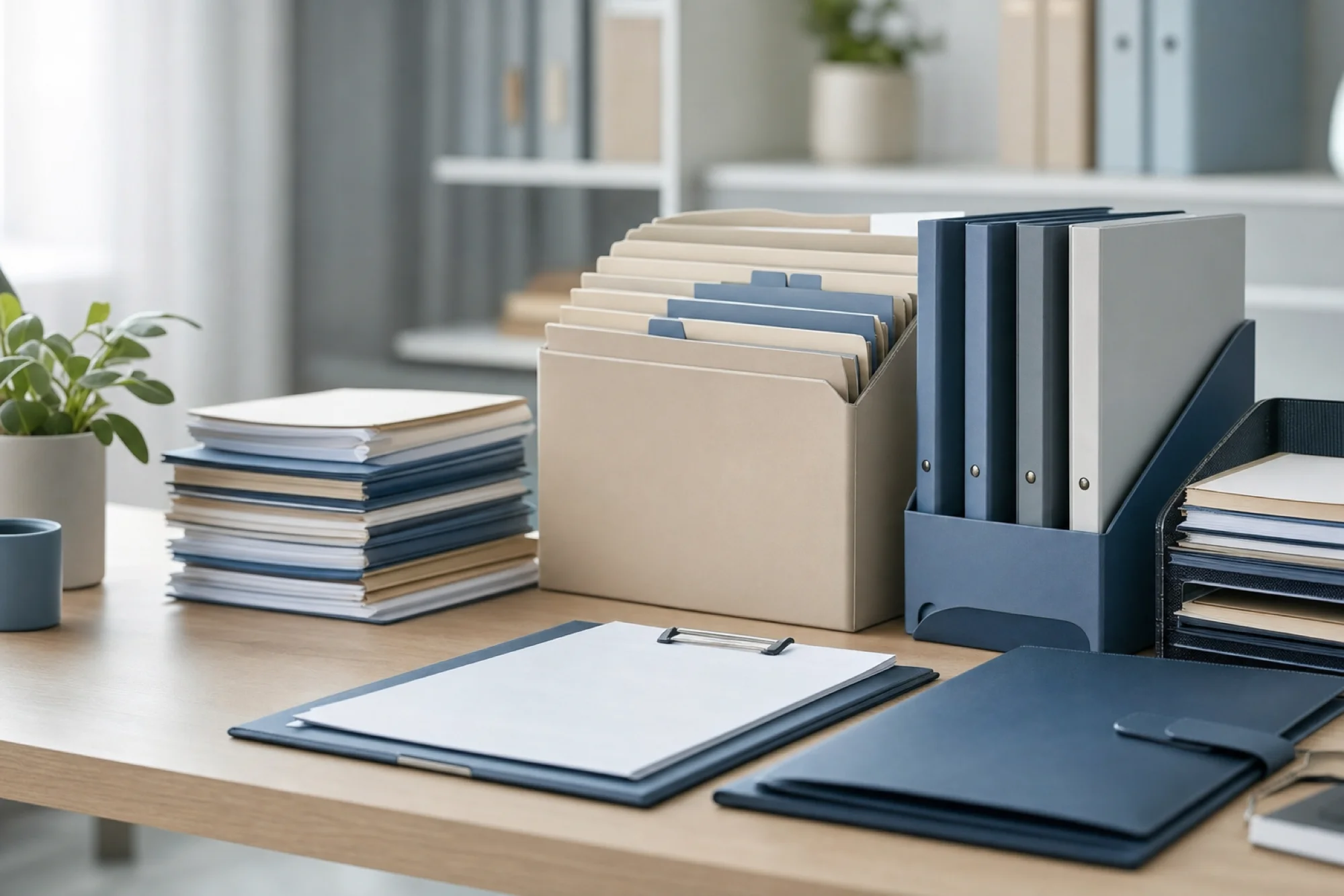 Professional organized desk with neatly arranged legal documents, folders, and filing materials in a sequence. Soft natural lighting, calming blue and neutral tones. Clean minimalist composition showing administrative order and process flow. No text or letters.