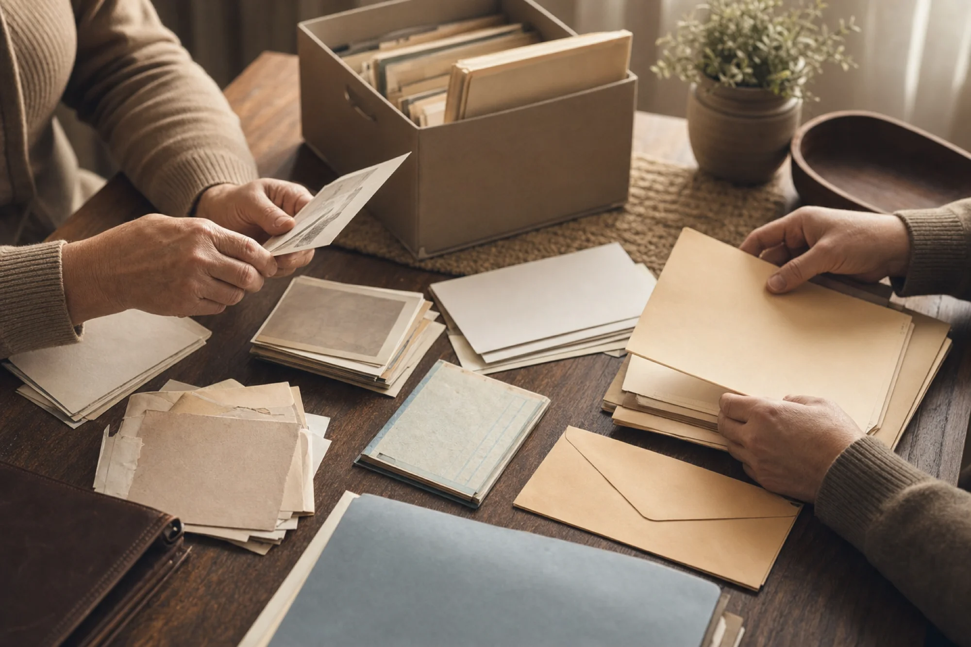 A calm, organized scene showing hands carefully reviewing documents and papers on a wooden desk or table. The scene includes file folders, old envelopes, a checkbook, and tax documents spread out in an orderly manner. Soft natural lighting from a window. The atmosphere should feel gentle and methodical, showing the careful process of searching through family records. Warm, muted colors. No text, words, or letters visible on any papers or documents. Overhead or side angle view focusing on the organized document review process.