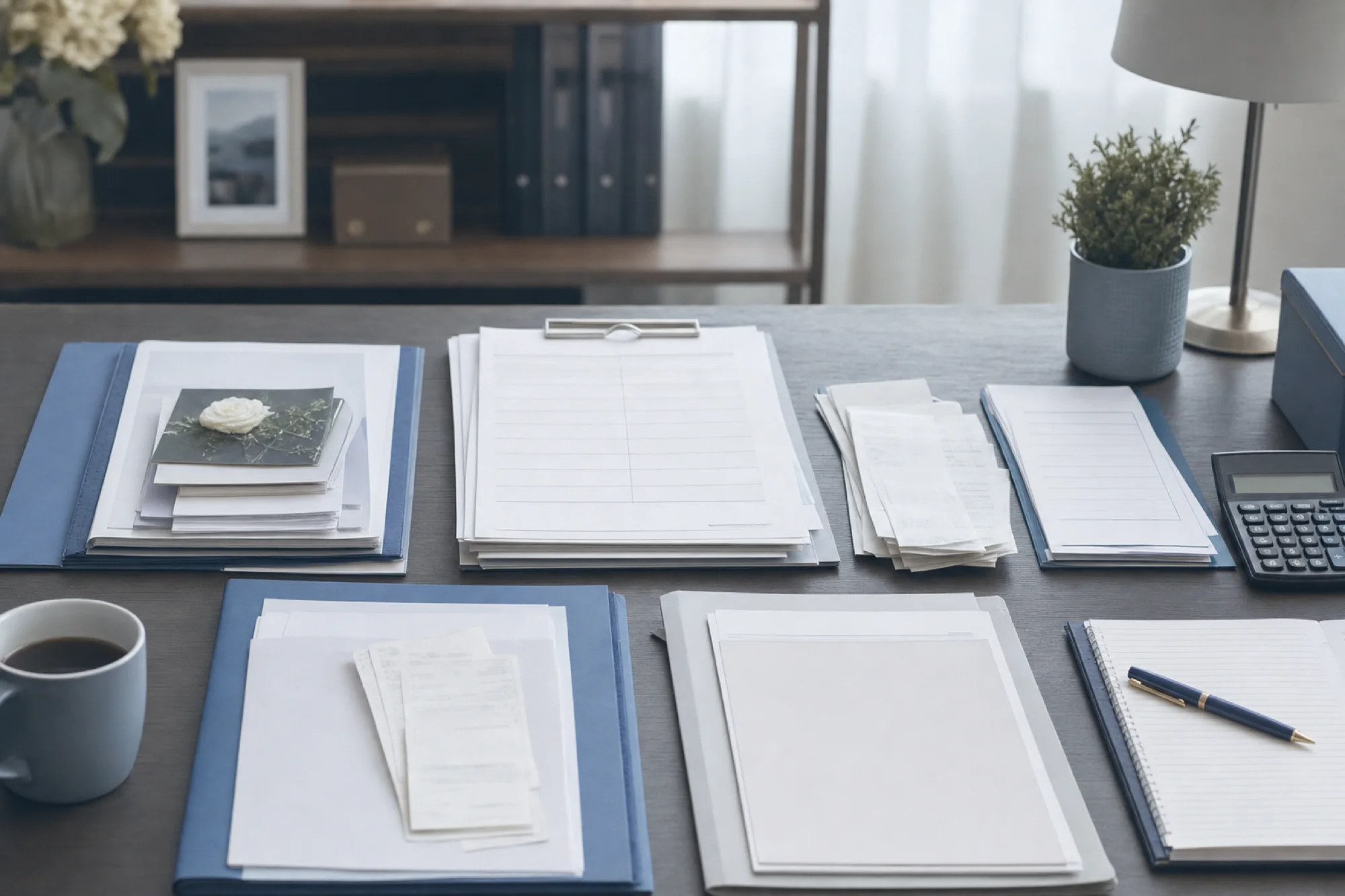 A calm, organized desk scene showing estate administration documents and receipts spread out in neat categories - funeral arrangements folder, court filing documents, property maintenance receipts, travel expense forms, and administrative paperwork. Soft, professional lighting with muted blue and gray tones. The scene should feel organized and methodical, representing careful expense tracking and documentation. No text or words visible on any documents.