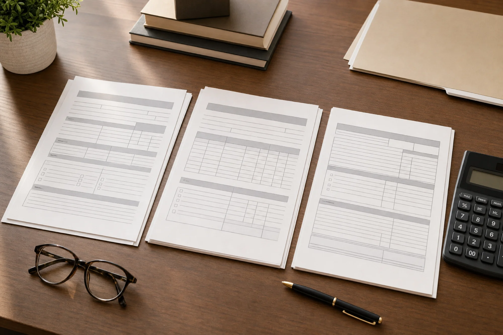 A clean, organized desktop workspace showing estate tax documents and forms laid out systematically. Include representations of IRS Form 1040, Form 1041, and Form 706 arranged on a wooden desk surface with a calculator, reading glasses, and a pen. Soft natural lighting from the side creates a professional, calm atmosphere. The scene should feel organized and manageable, not chaotic. Muted, professional color palette with warm wood tones and cream-colored papers. Photography style, shallow depth of field, overhead angle.