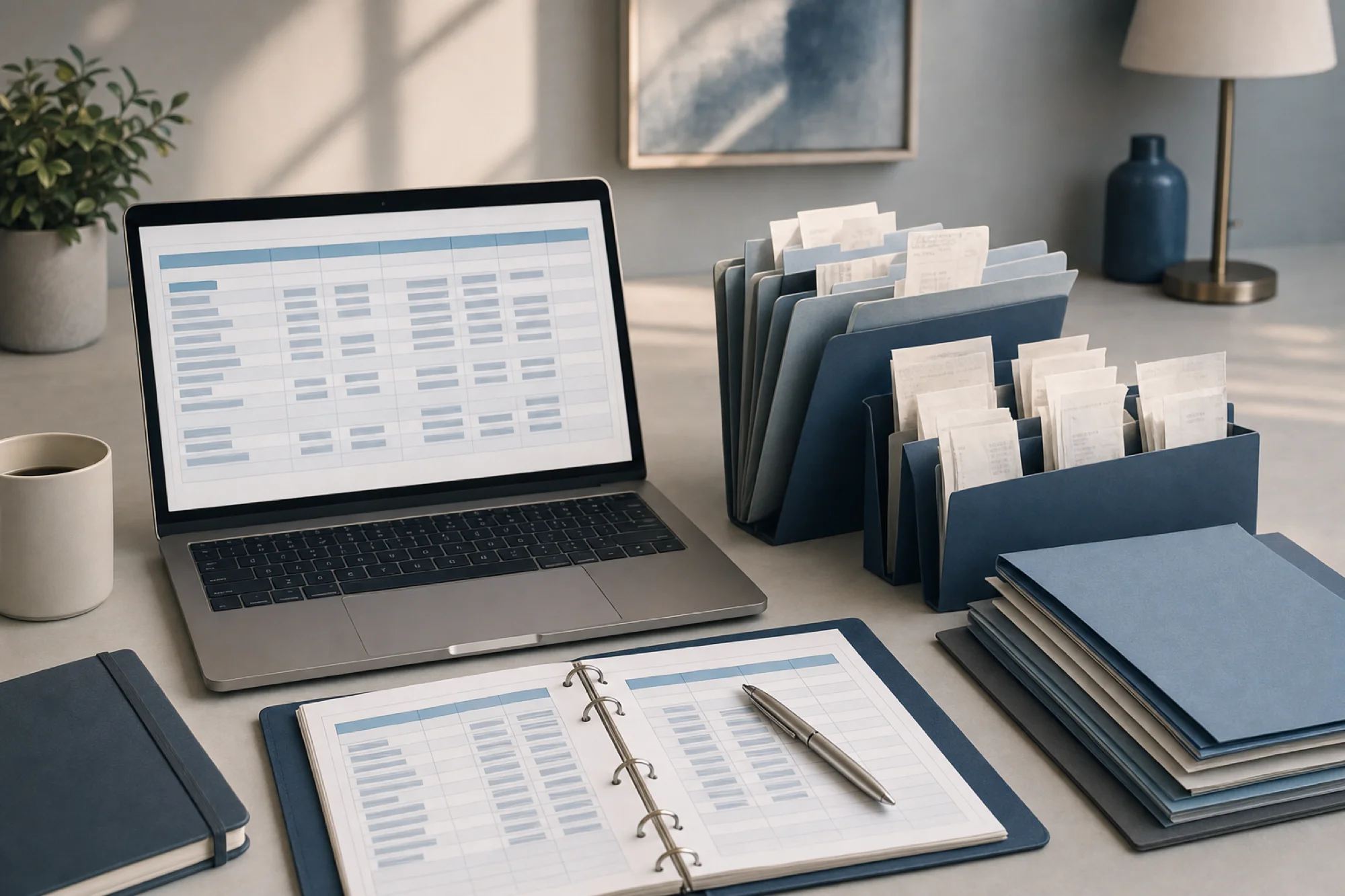 A clean, organized workspace showing estate expense documentation and record keeping. A neat spreadsheet or ledger with categorized expense entries, alongside carefully organized paper receipts arranged by category in folders or envelopes. A laptop or tablet displaying a simple expense tracking layout. Warm, professional lighting with soft blue and gray tones. The scene should convey order, clarity, and methodical record-keeping without any stress or chaos. No text, words, numbers, or letters visible on any documents or screens.
