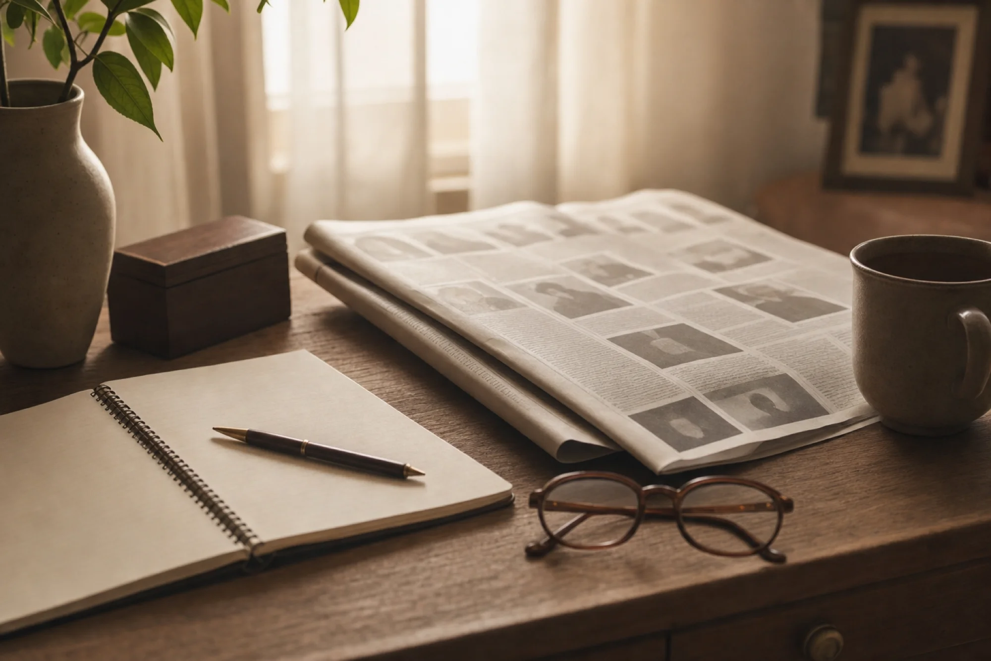 A peaceful desk scene with a newspaper opened to the obituaries section, a notebook with handwritten notes, a pen, and reading glasses resting nearby. Soft natural lighting from a window creates a gentle, contemplative atmosphere. The scene conveys thoughtful planning and decision-making in a calm, respectful setting. Warm wood tones and muted colors. No text or words visible in the image.