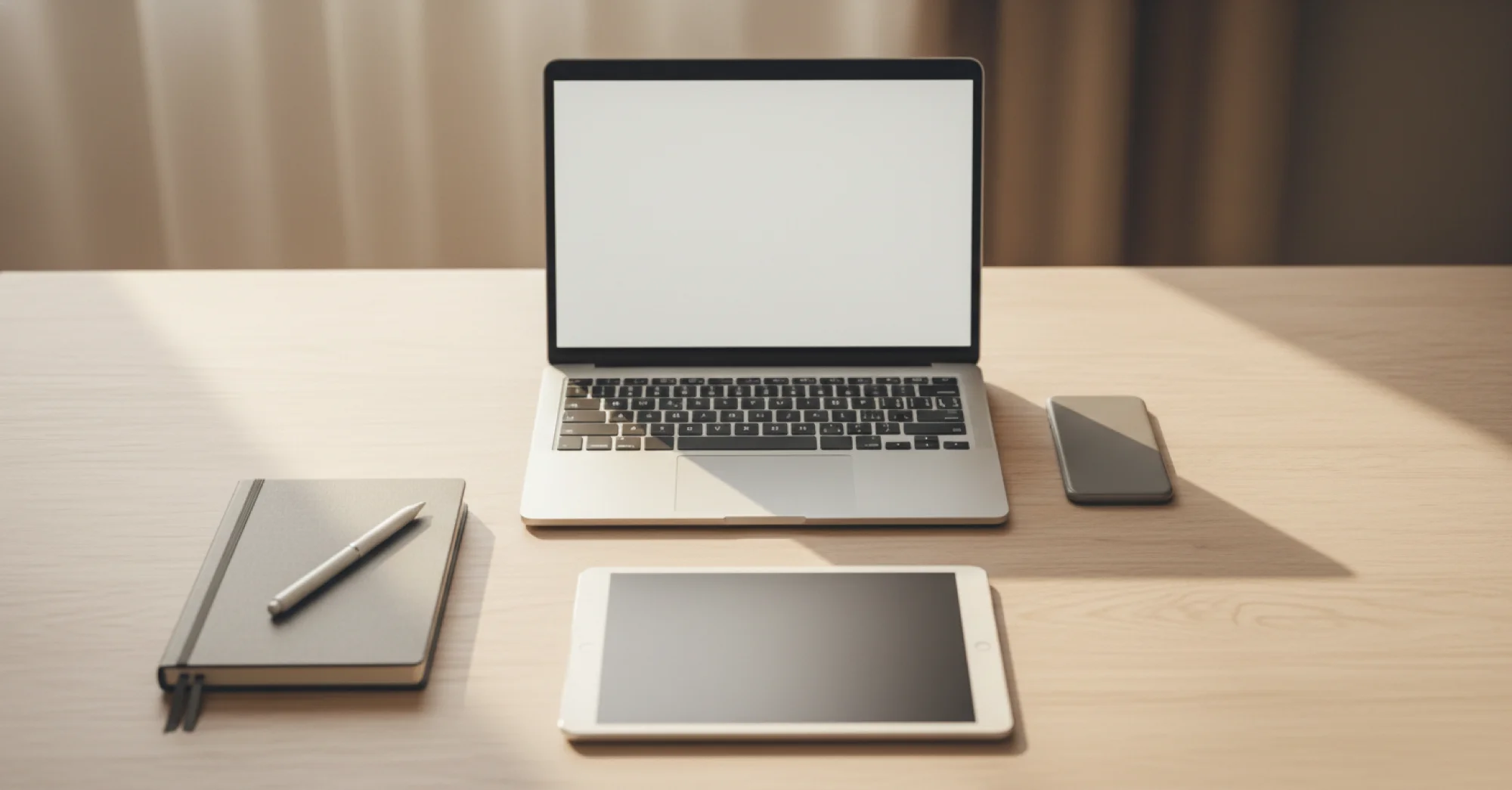 A calm, organized desk workspace viewed from above showing a laptop computer, smartphone, tablet, and notebook with pen arranged neatly on a clean wooden surface. Soft natural lighting from the side. Minimalist composition with muted colors - white, gray, warm wood tones. Professional but warm and approachable atmosphere. No text or letters visible anywhere in the image.