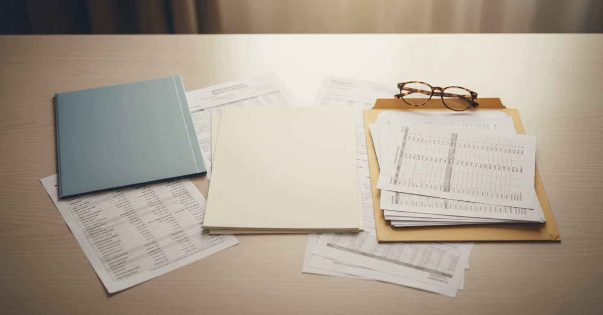 A calm, organized desk scene from above showing financial documents, bank statements, and file folders neatly arranged. Include a subtle stack of papers, an open folder, and perhaps reading glasses resting nearby. The color palette should be muted and professional with soft blues, grays, and warm neutrals. The scene should convey careful organization and thoroughness in reviewing financial records. Modern, clean aesthetic with gentle lighting. No text, words, or letters visible in the image.