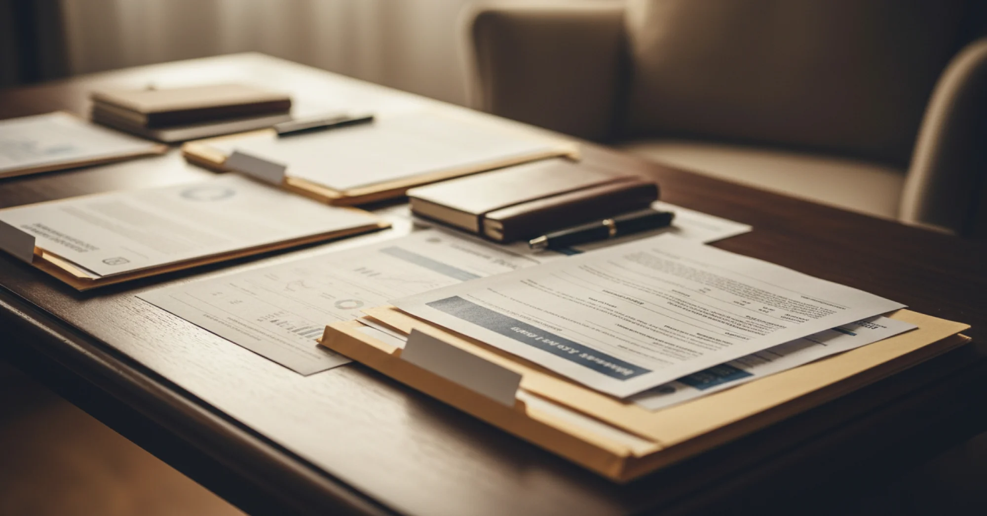 A calm, organized scene showing estate settlement documents and personal records laid out on a wooden desk surface. Include file folders, bank statements, insurance policy documents, and tax returns arranged neatly. Soft natural lighting from a window. Warm, gentle atmosphere. No people visible. Photorealistic style with muted, professional colors that convey trust and organization.