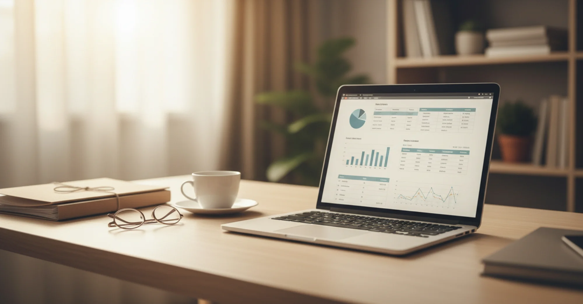 A serene, organized workspace showing a laptop computer displaying database search results and financial records. Warm natural lighting from a window. Include subtle elements like a coffee cup, reading glasses, and neat file folders on a clean wooden desk. Soft, muted professional colors conveying trust and calm. Photorealistic style with gentle atmosphere. No people visible. Focus on the organized, methodical nature of searching for financial information.