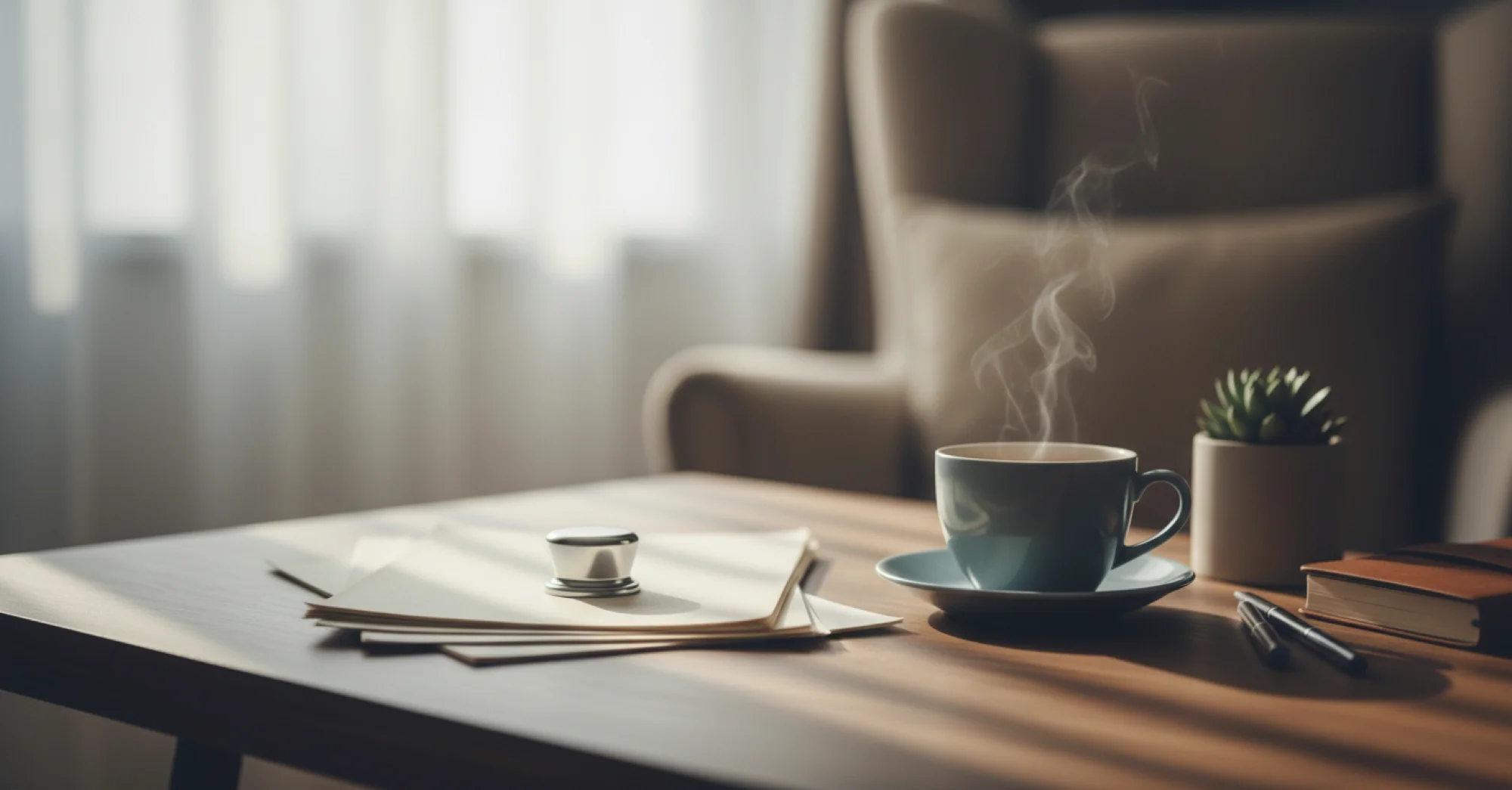 A calm, comforting scene showing a peaceful desk with gentle morning light streaming through a window, with organized paperwork and a cup of tea, symbolizing the administrative journey after loss. Soft, muted colors in blues and warm beiges. The composition should feel serene and manageable rather than overwhelming, with a sense of gentle support and order. Minimalist style with subtle depth, conveying quiet dignity and hope.