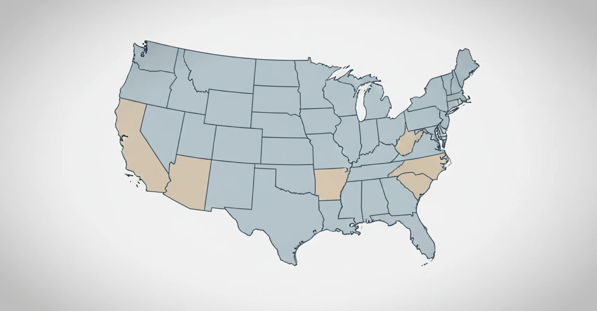 A calm, clean illustration of the United States map with nine states highlighted in a soft, muted color palette. The highlighted states are Arizona, California, Idaho, Louisiana, Nevada, New Mexico, Texas, Washington, and Wisconsin. The map should have a gentle, professional appearance with a light background, using soft blues and grays. Modern, minimalist style that conveys trust and clarity without any text or labels.