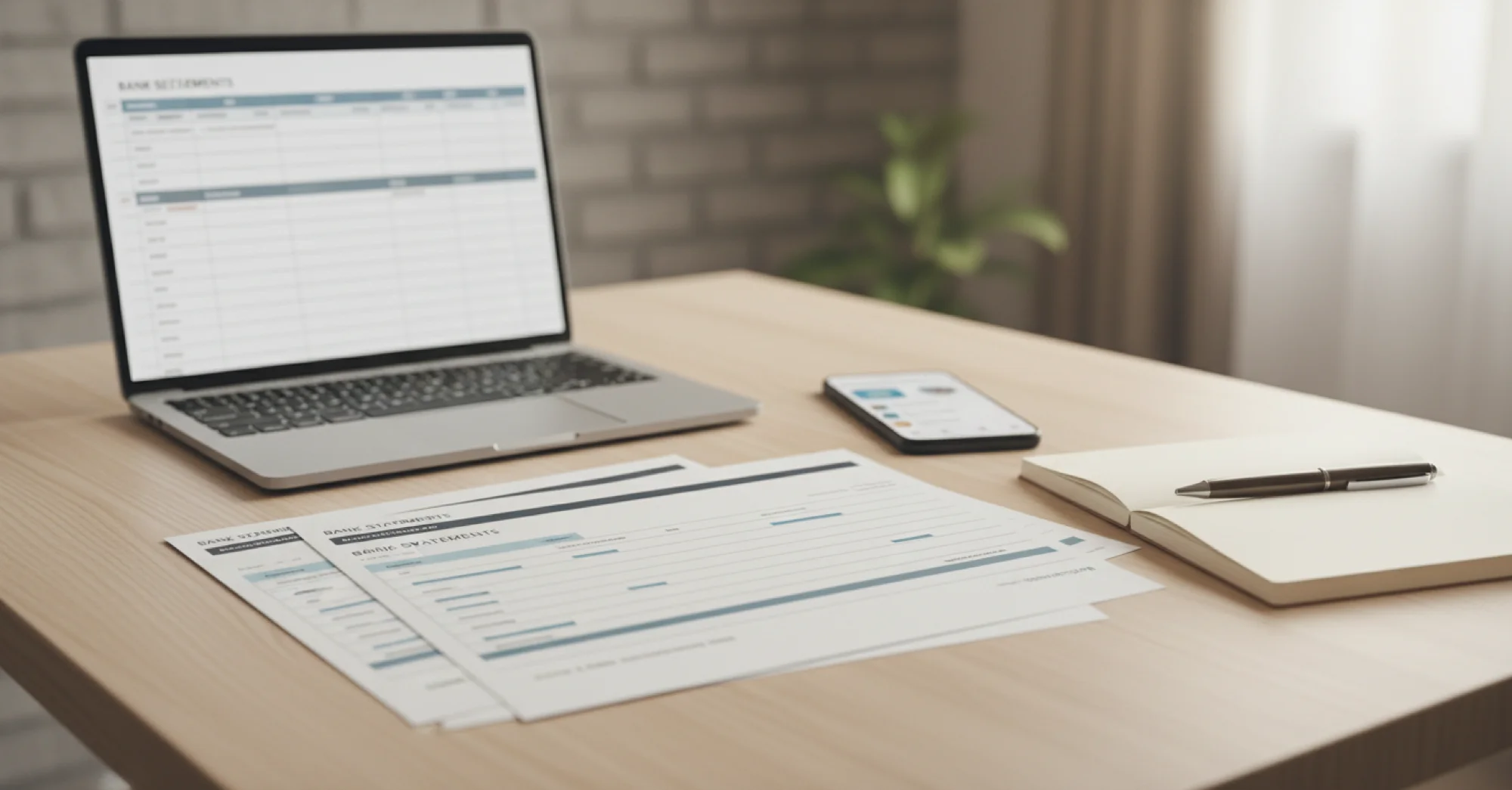 A calm, organized workspace scene showing financial documents review process: bank statements spread on a desk, a laptop computer displaying a spreadsheet with columns, a smartphone showing app subscriptions screen, and a notepad with a pen. Soft natural lighting, clean minimal aesthetic, muted professional colors like soft blues and grays. The scene conveys organization and methodical review without showing any specific text or numbers on the documents.