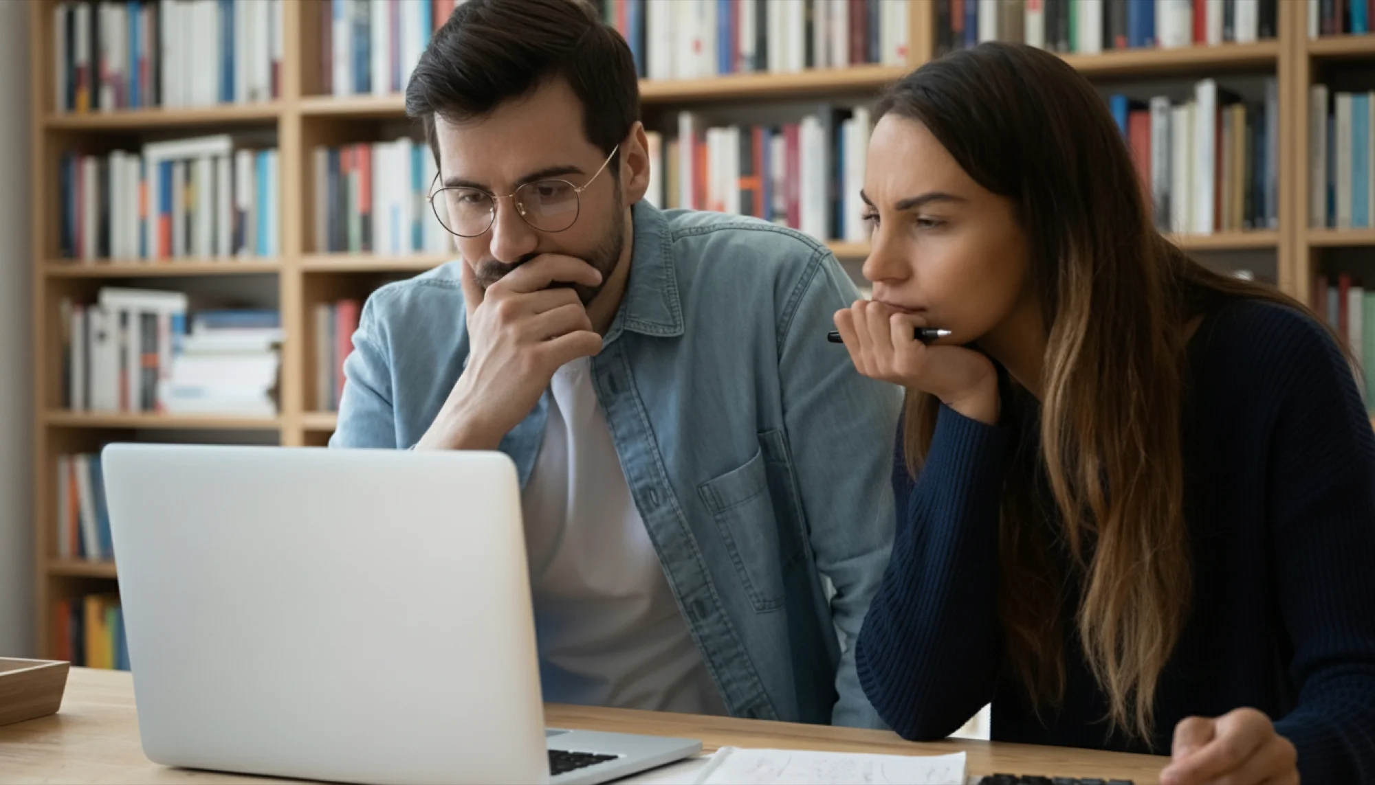 A man and a woman frown at a laptop at a desk in front of a bookshelf