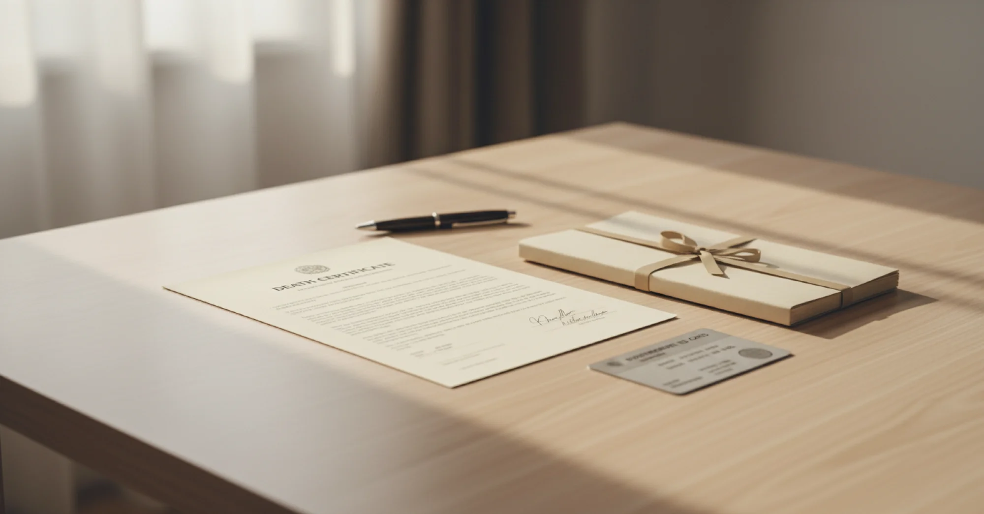 A calm, organized flat lay composition showing essential legal documents needed for estate settlement. Include a death certificate, official court letters document, and a government ID card arranged neatly on a clean desk surface. Soft natural lighting, professional and reassuring atmosphere, muted colors with warm tones, no text or words visible on any documents, clean minimalist style