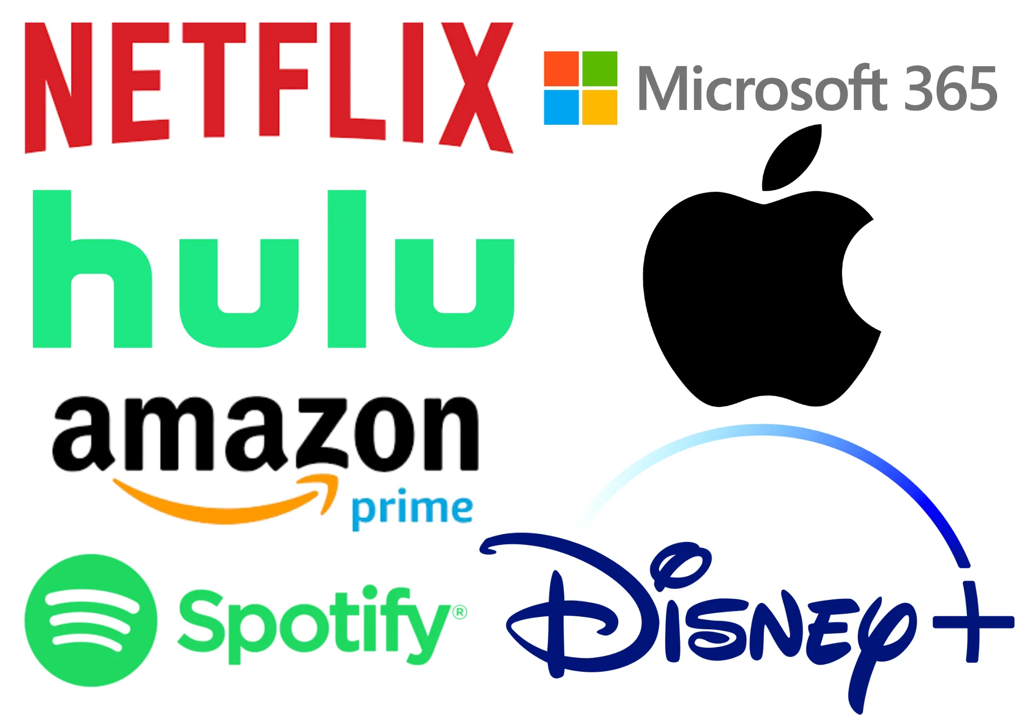 Logos of Netflix, Microsoft 365, Hulu, Apple, Amazon Prime, Spotify and Disney+