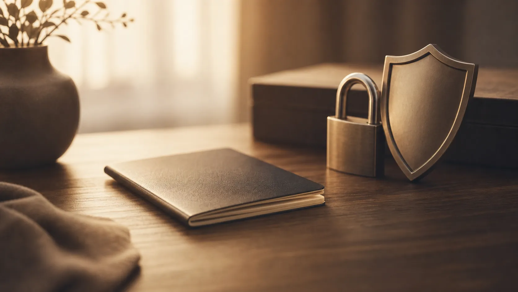 A symbolic illustration of a passport lying on a desk next to a padlock and a shield, representing identity protection and security after death, soft warm lighting, no text or words, clean and professional style
