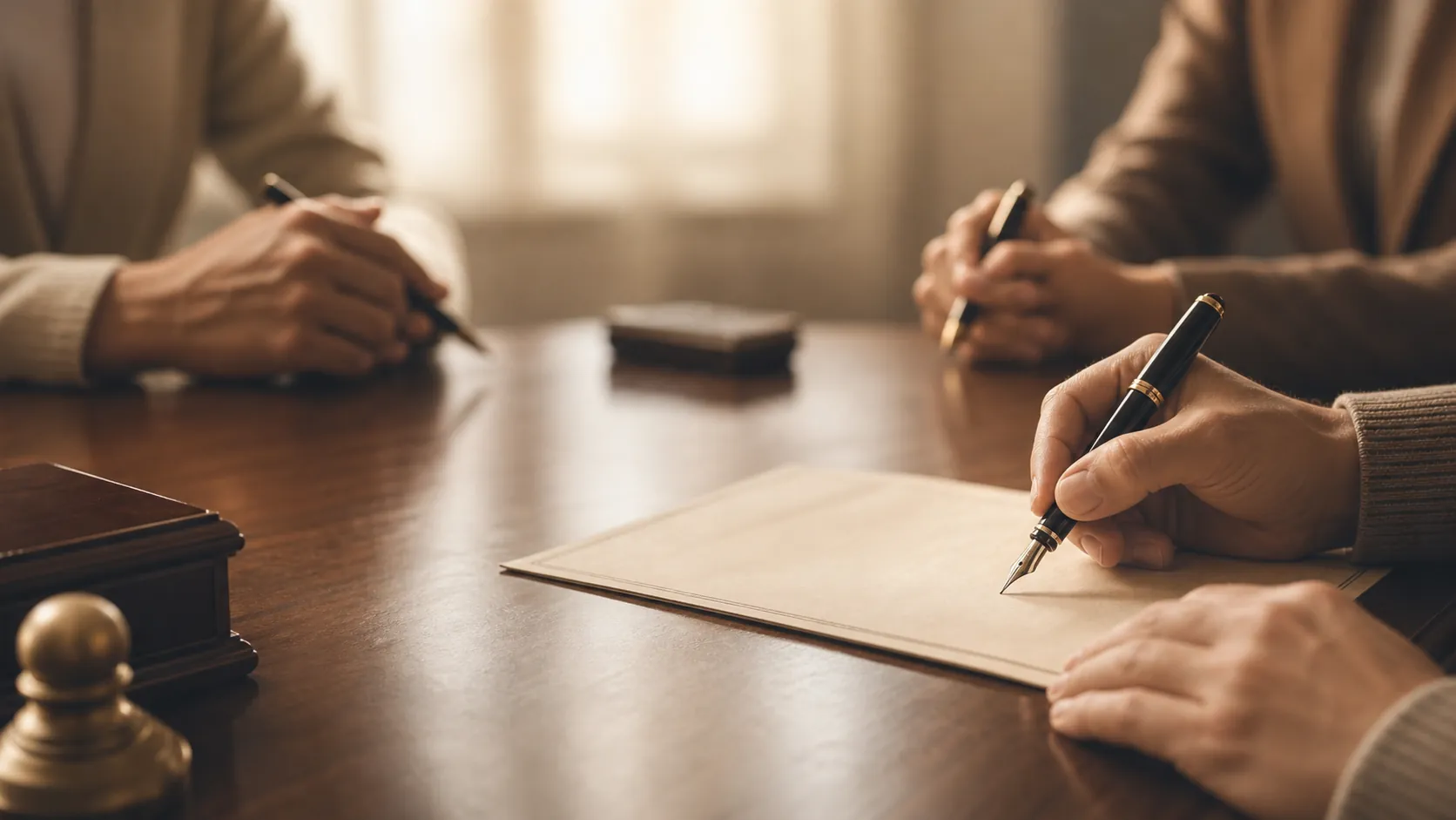 A close-up of an elegant wooden desk with a formal legal document being signed, a fountain pen resting on the paper, two witnesses seated across the table with their own pens ready, soft natural window light, warm tones of cream and mahogany, no visible text on the document, photorealistic style, calm and dignified atmosphere