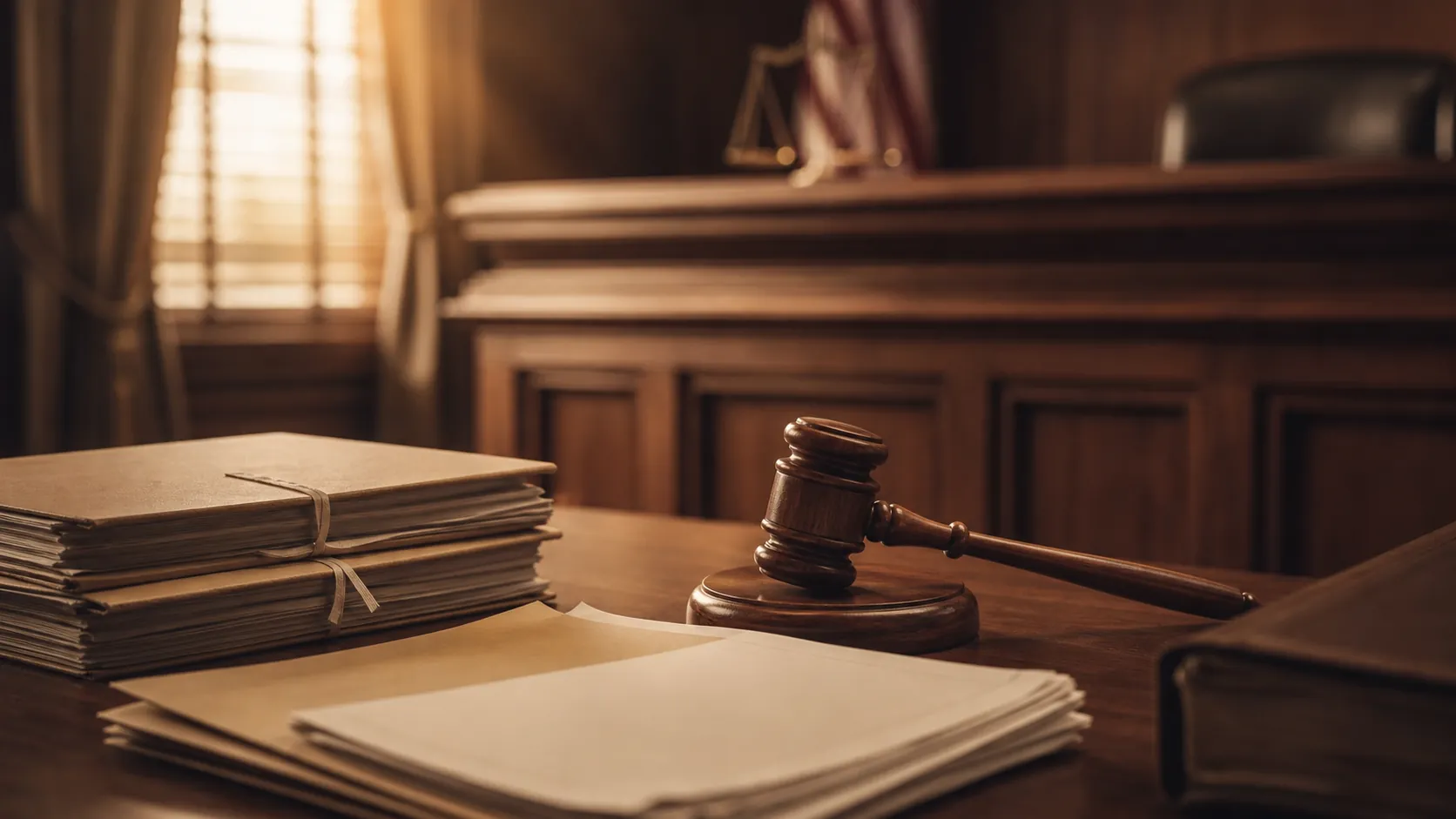 A calm, formal scene depicting a probate court setting: a wooden judge's bench, a gavel resting on a sound block, neatly stacked legal documents and folders on a table, warm ambient lighting, no people present, soft shadows, muted professional tones of brown and cream, photorealistic style