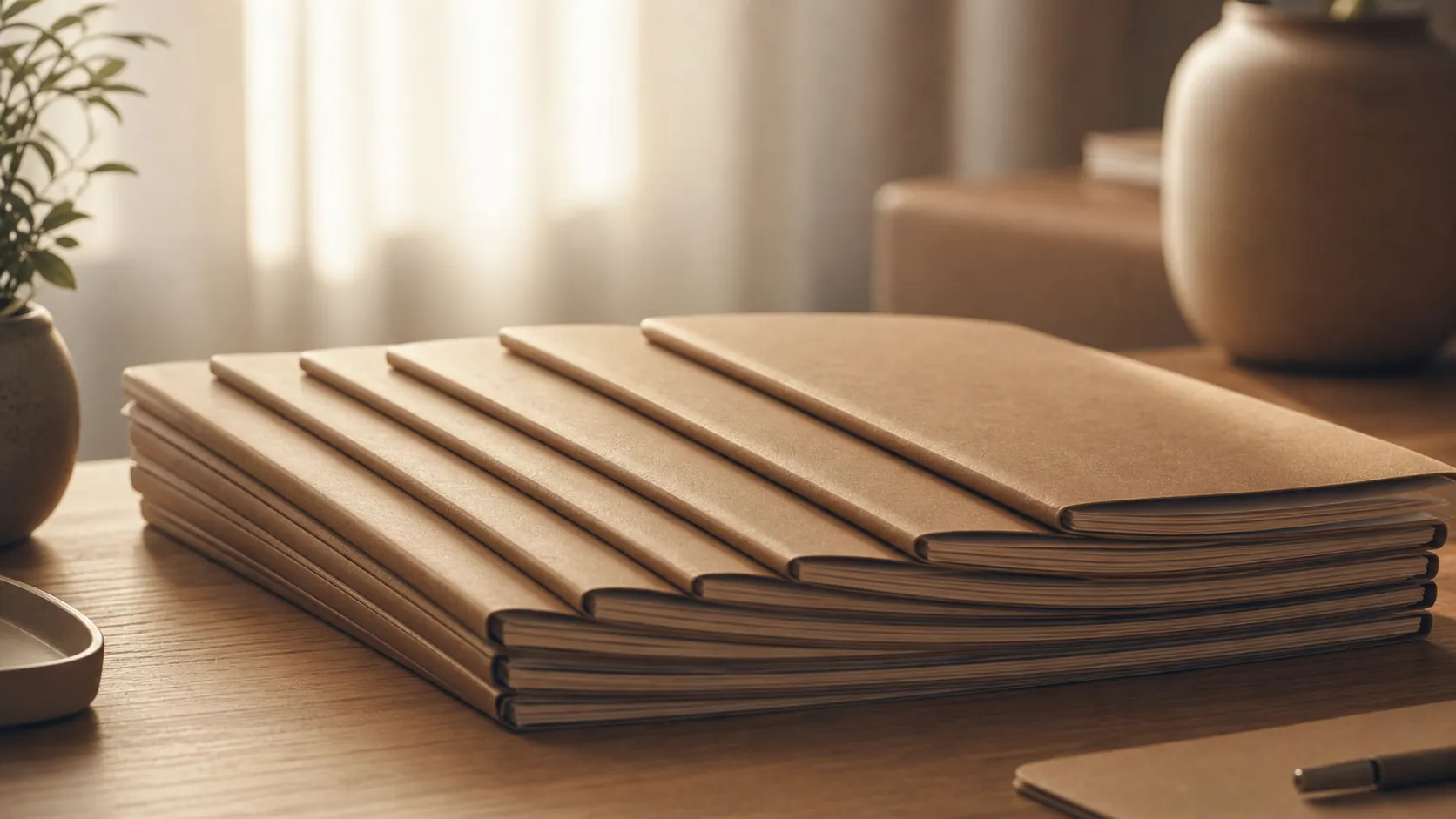 A neat arrangement of several identical official-looking document folders stacked side by side on a clean desk, symbolizing multiple certified copies of an important record. Soft natural lighting, calm and organized composition, neutral warm tones, no text or labels anywhere.