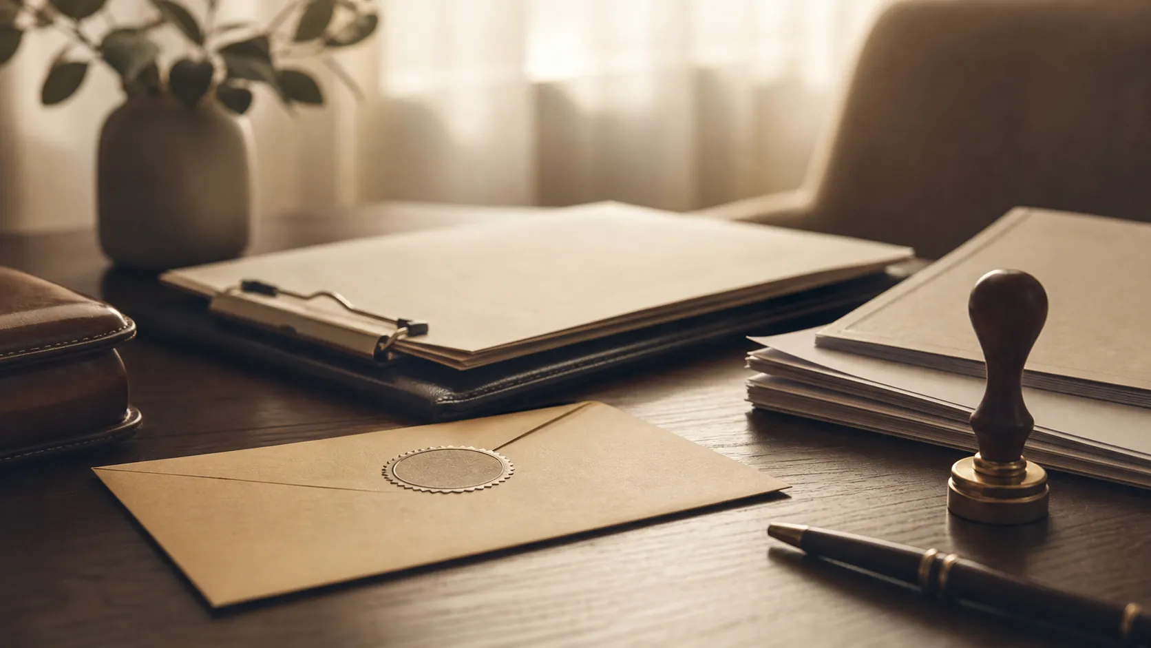 A clean, organized desk with legal documents, a notary stamp, a certified death certificate envelope, a pen, and a small stack of papers, soft natural lighting, calm and professional atmosphere, no text or writing visible