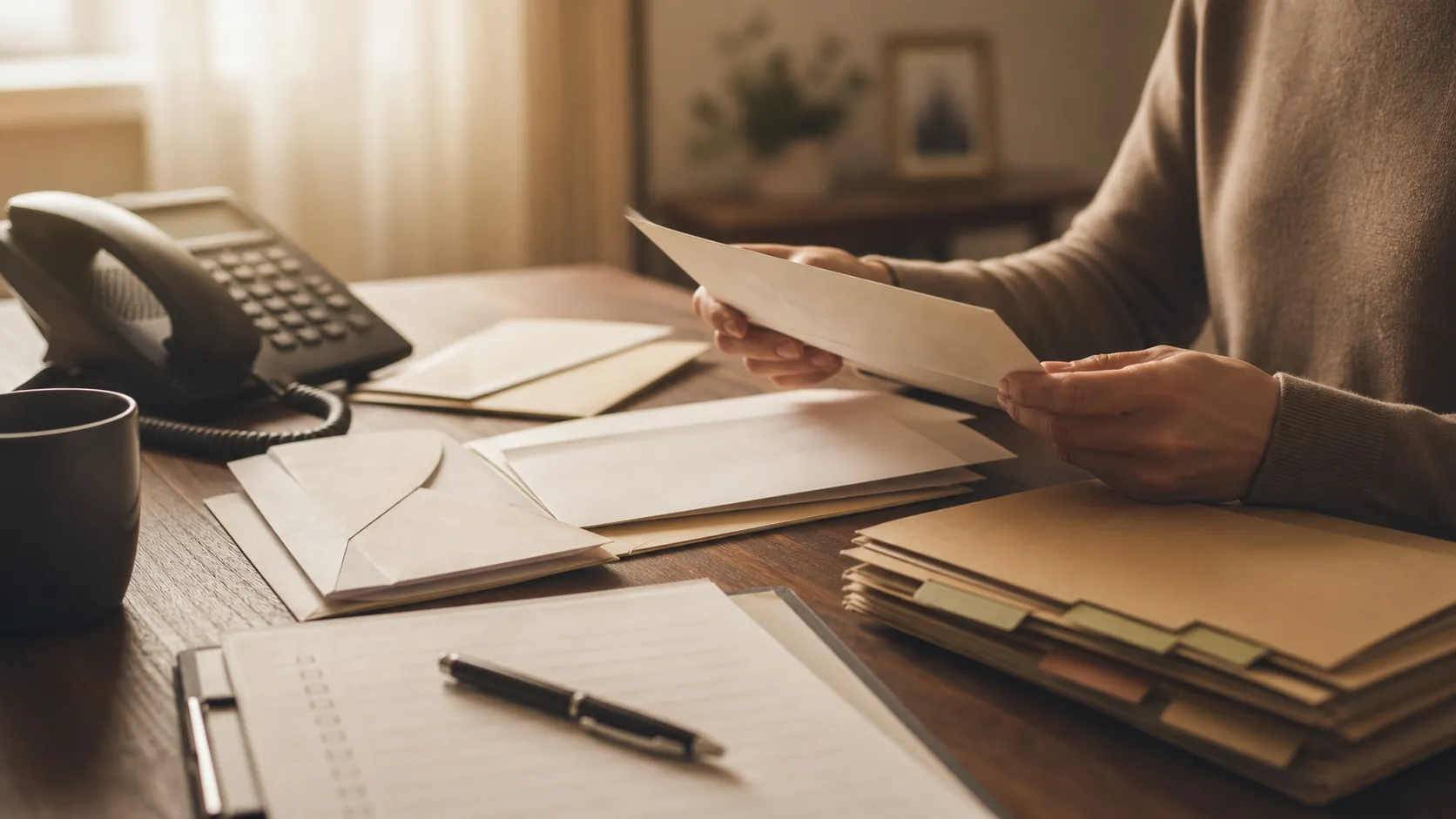 A calm, professional scene showing a person at a desk reviewing official documents and envelopes addressed to different institutions, with a telephone nearby, organized folders labeled with tabs, and a pen resting on a checklist. Warm natural light. No text, words, or letters visible anywhere in the image.