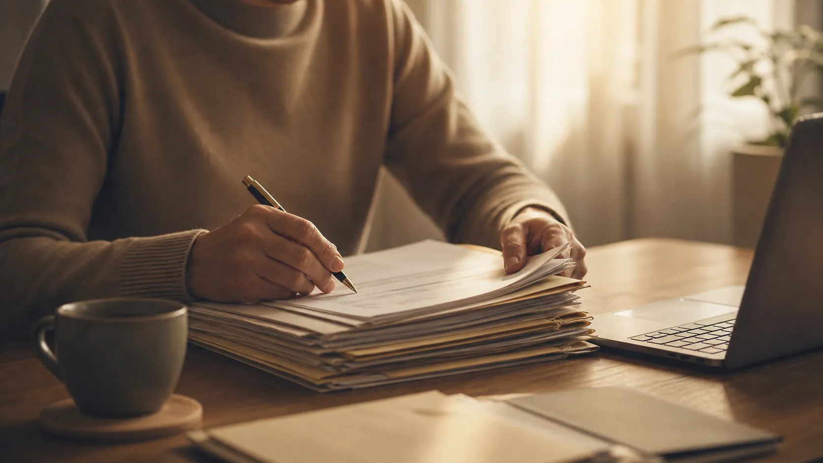 A person sitting at a wooden desk reviewing a stack of organized documents and folders, with a pen in hand, a laptop open nearby, and a cup of coffee on the side. Warm natural light from a window illuminates the scene. The setting feels calm and professional, conveying careful administrative work related to managing important paperwork and financial records.